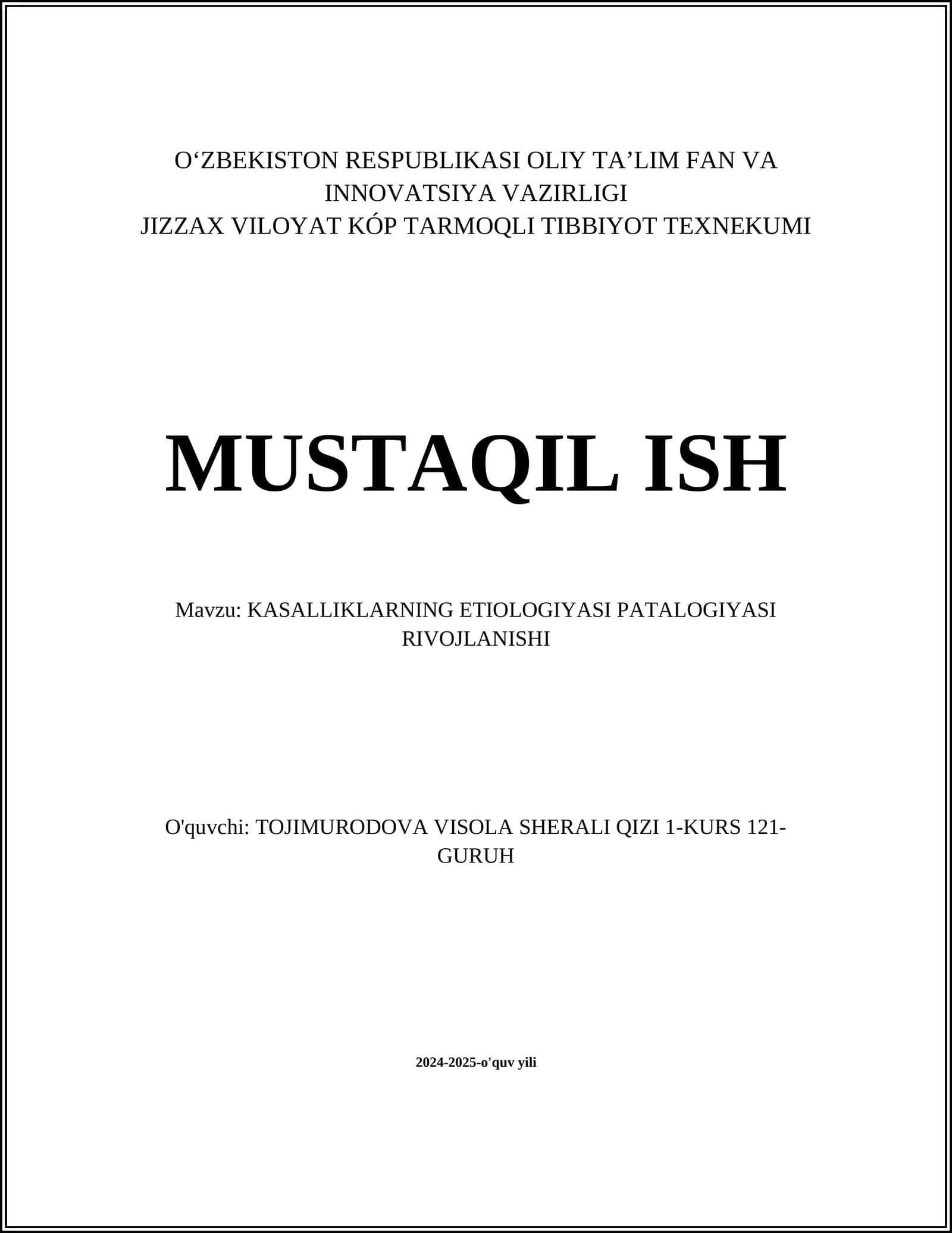 KASALLIKLARNING ETIOLOGIYASI PATALOGIYASI RIVOJLANISHI 1