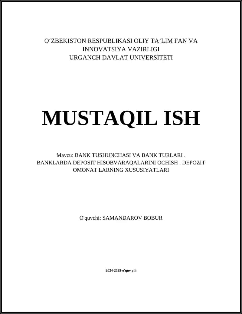 BANK TUSHUNCHASI VA BANK TURLARI 1
