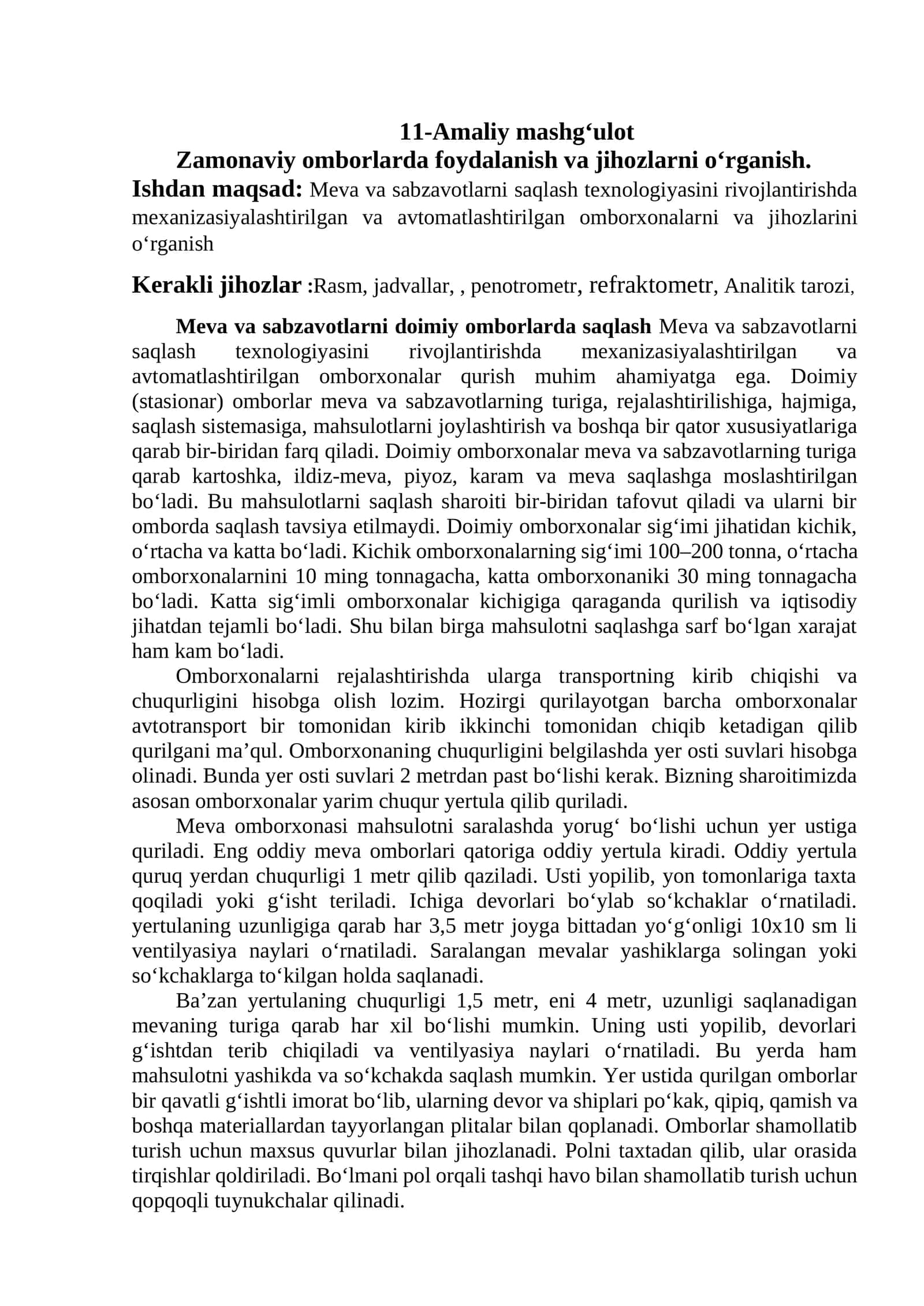 Meva va sabzavotlarni doimiy omborlarda saqlash 1