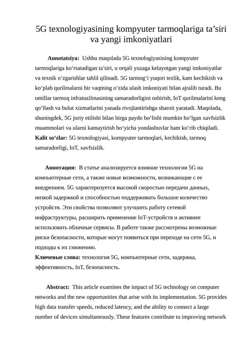 5G texnologiyasining kompyuter tarmoqlariga ta’siri va yangi imkoniyatlari 1