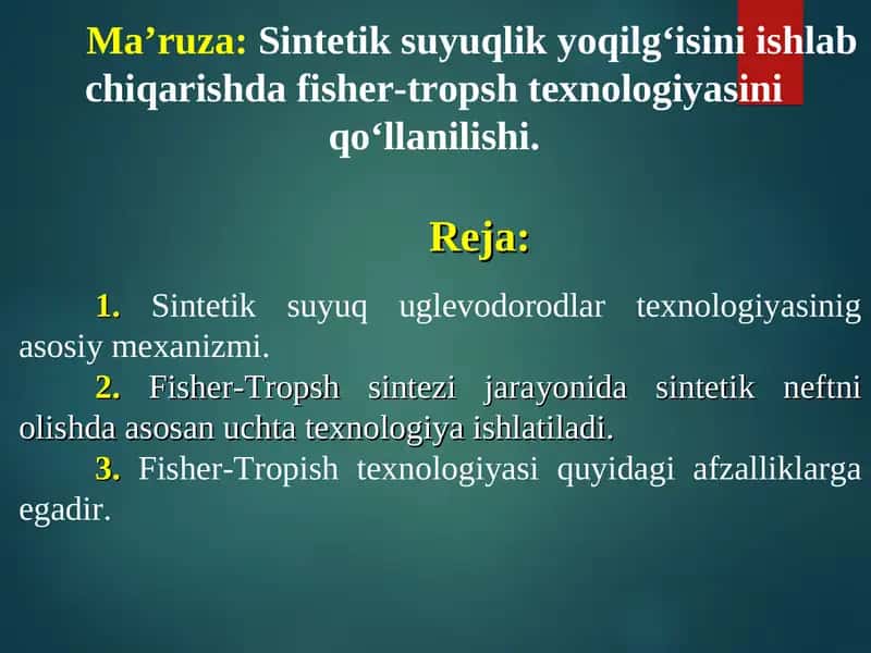 Sintetik suyuq uglevodorodlar texnologiyasi 1