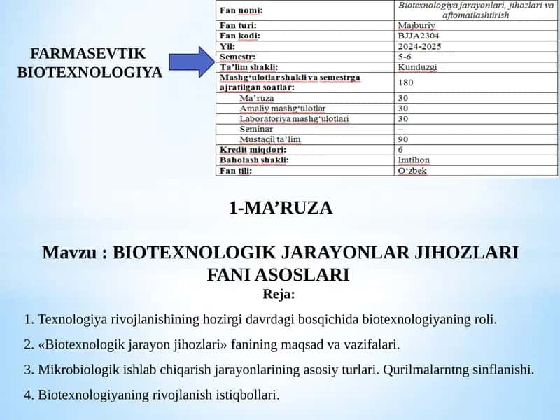 BIOTEXNOLOGIK JARAYONLAR JIHOZLARI FANI ASOSLARI 1