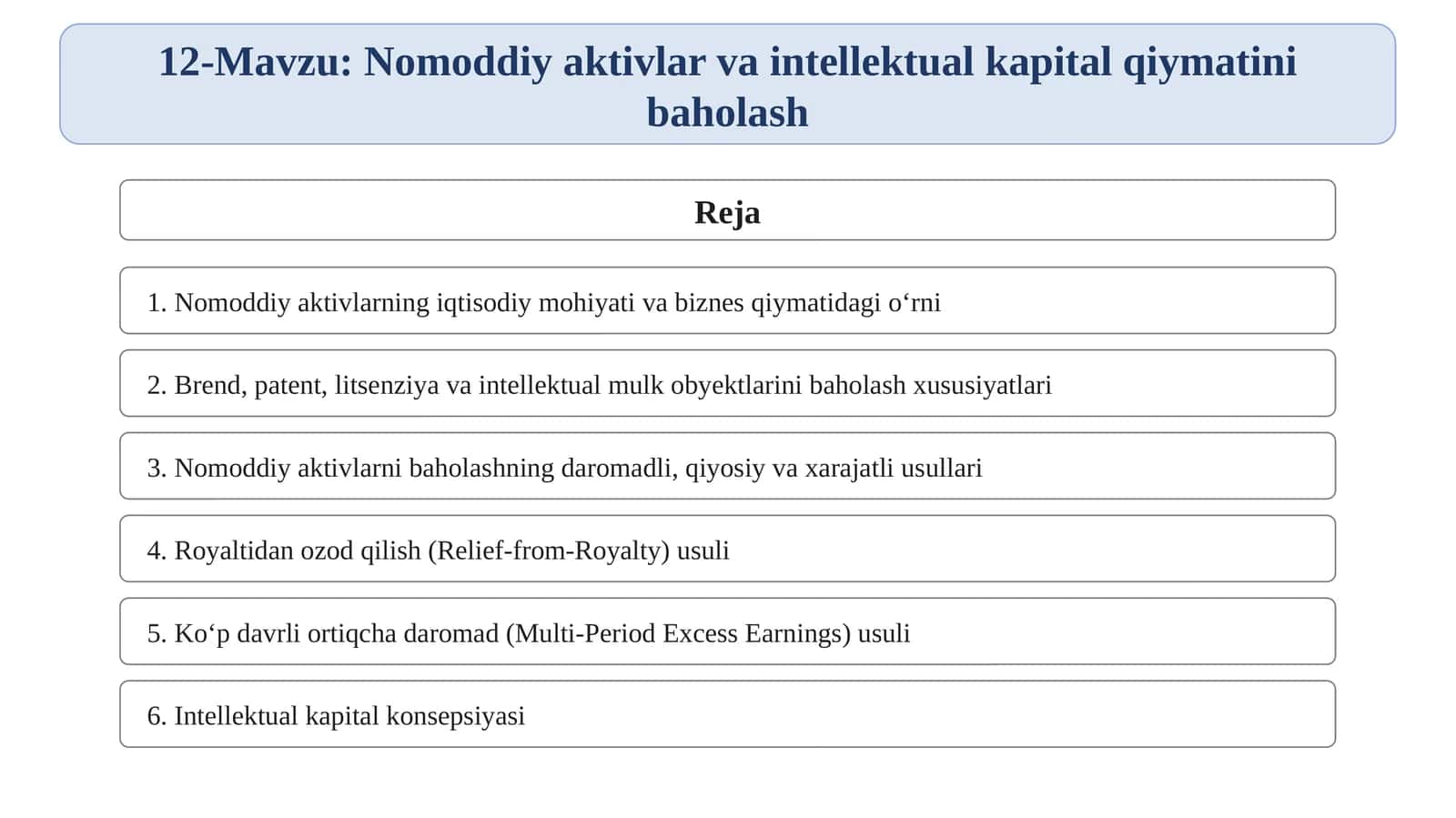 Nomoddiy aktivlar va intellektual kapital qiymatini baholash 1