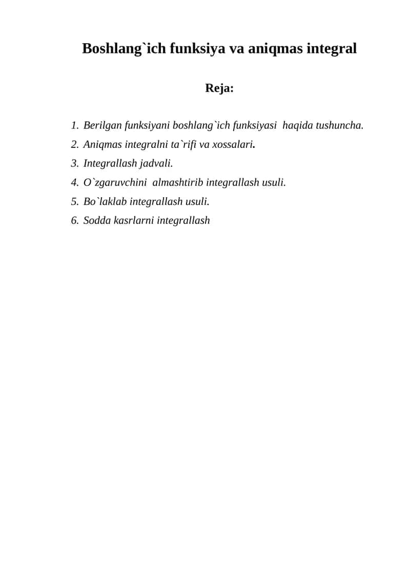 Boshlang`ich funksiya va aniqmas integral 1