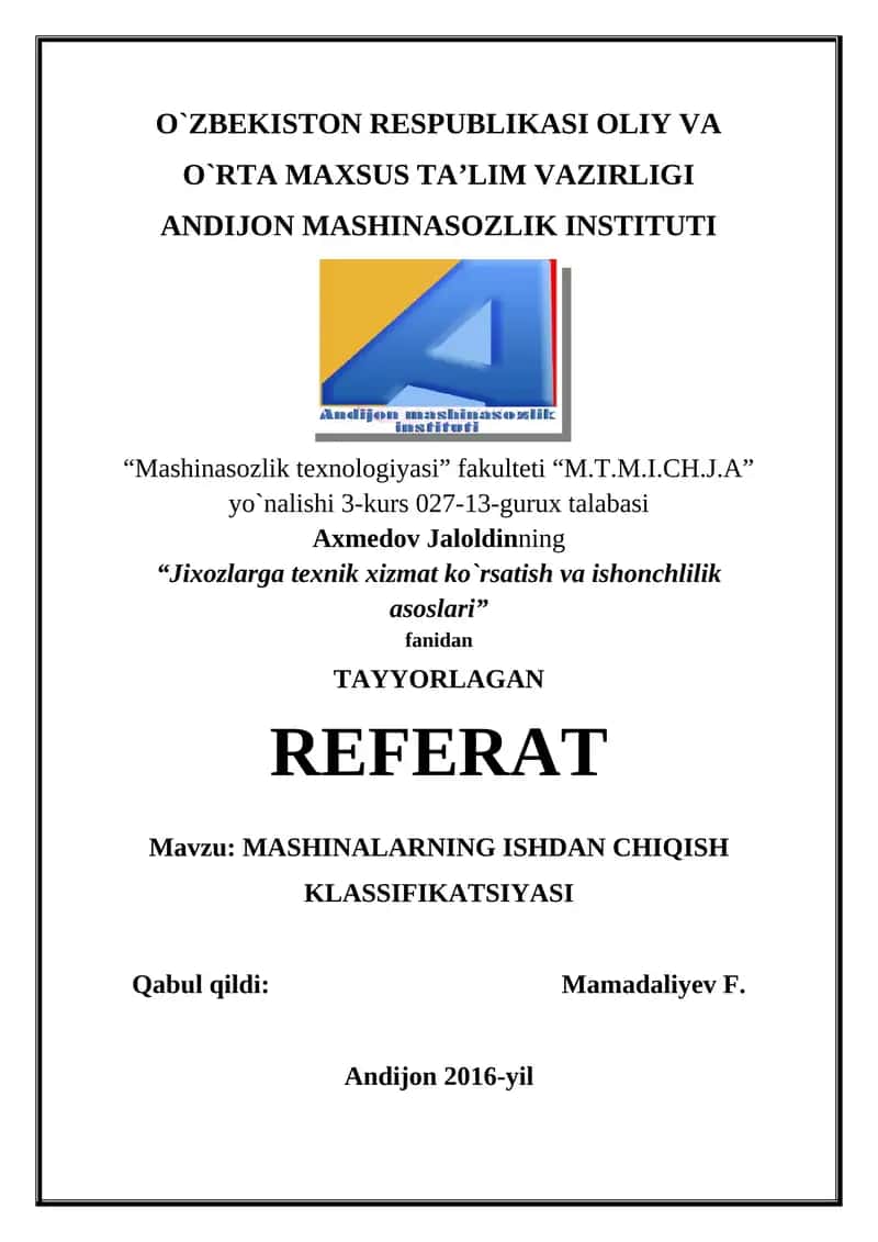 MASHINALARNING ISHDAN CHIQISH KLASSIFIKATSIYASI 1