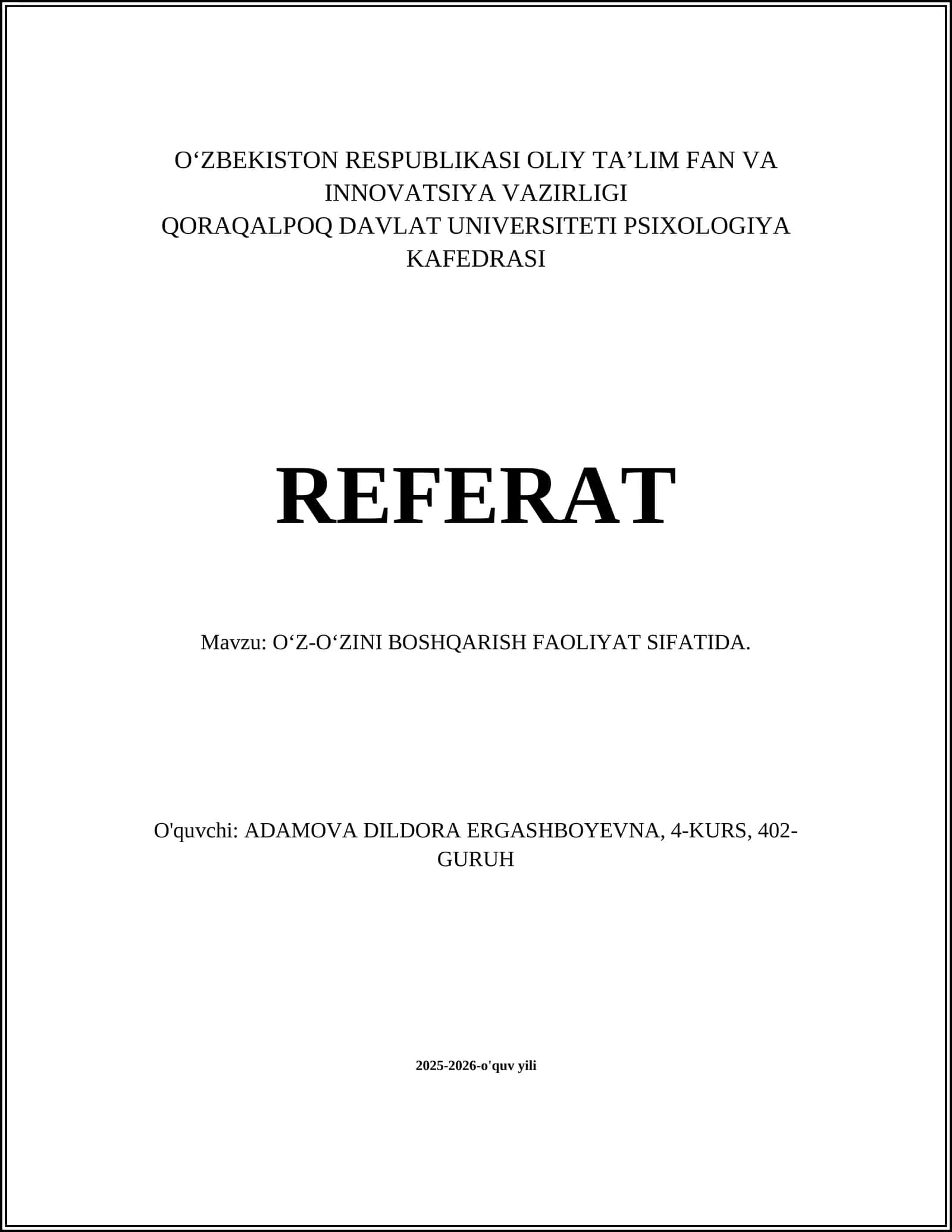 OʻZ-OʻZINI BOSHQARISH FAOLIYAT SIFATIDA 1