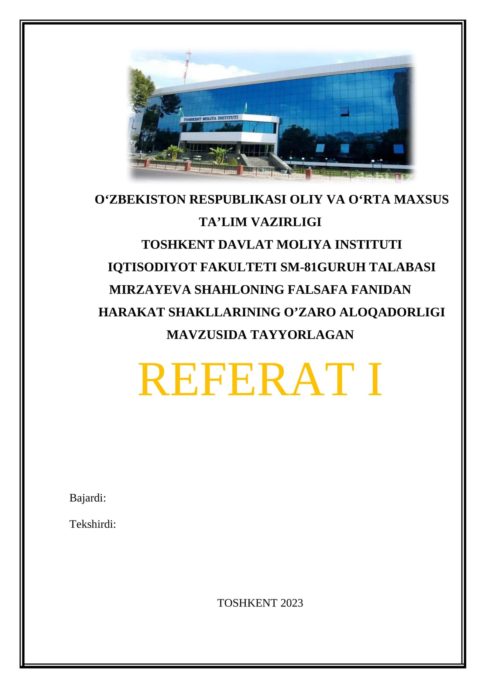 HARAKAT SHAKLLARINING O’ZARO ALOQADORLIGI MAVZUSIDA TAYYORLAGAN REFERAT I 1