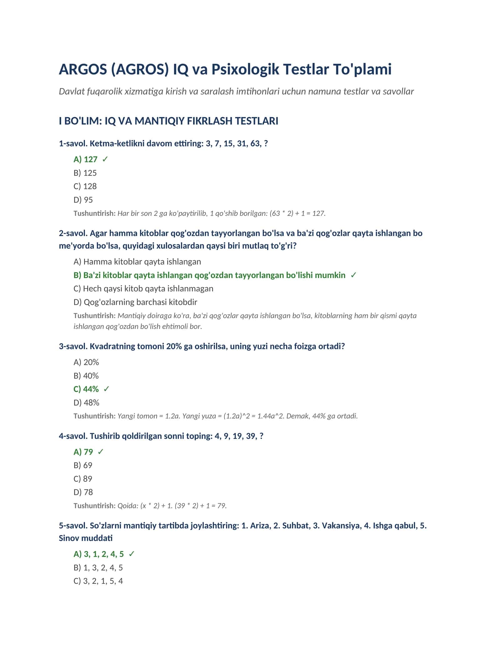 AGROS (ARGOS) IQ va Psixologik Testlar To'plami (Davlat xizmati va saralash imtihonlari uchun) 1