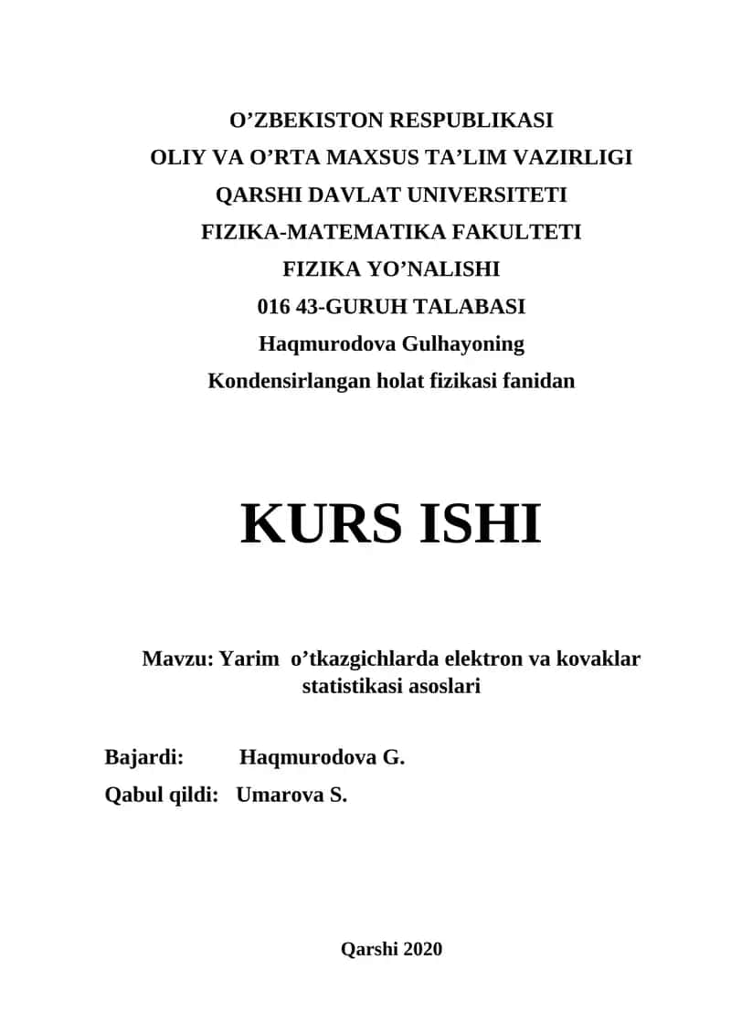 Yarim o’tkazgichlarda elektron va kovaklar statistikasi asoslari 1