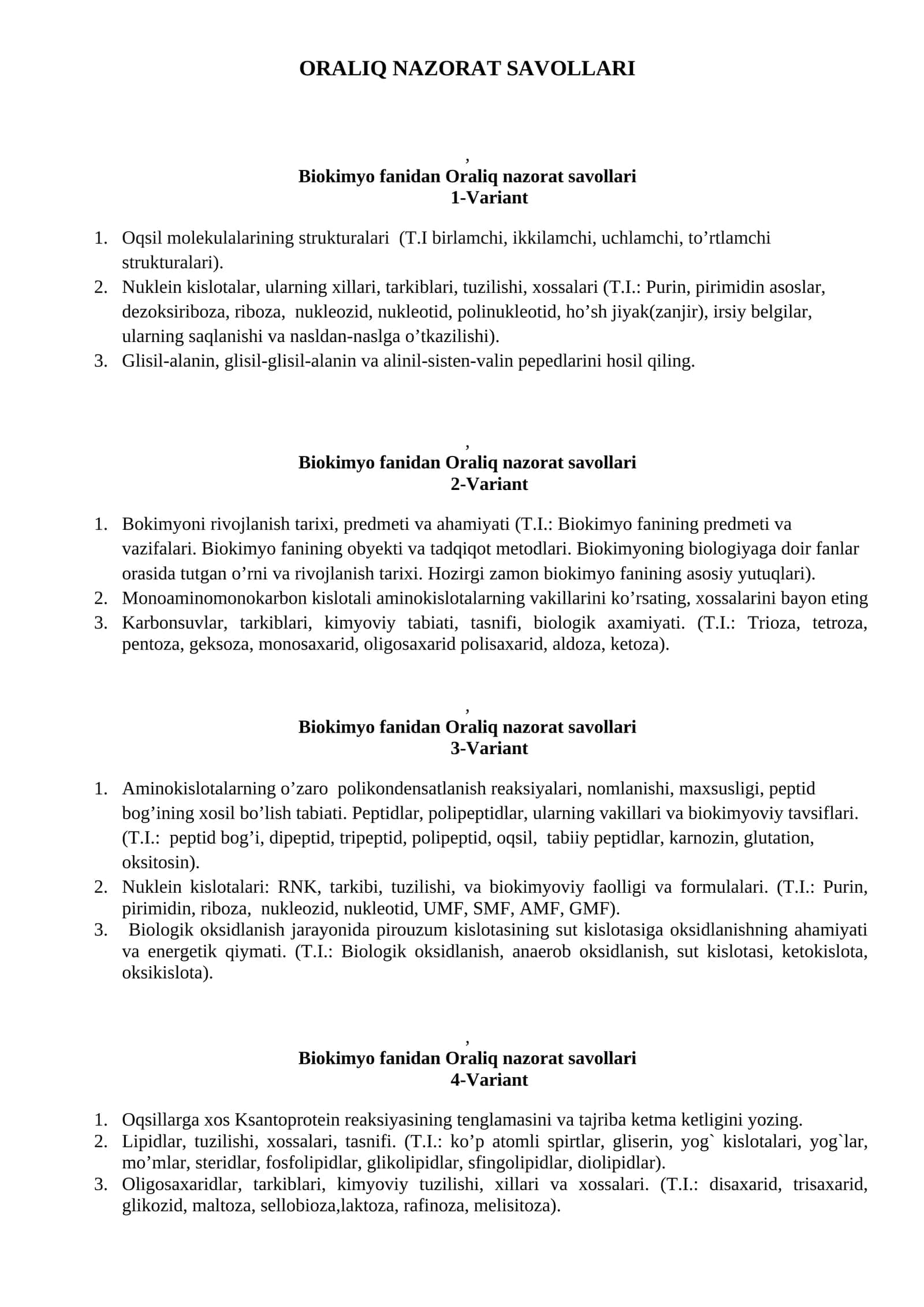 ORALIQ NAZORAT SAVOLLARI, Biokimyo fanidan Oraliq nazorat savollari 1-Variant 1