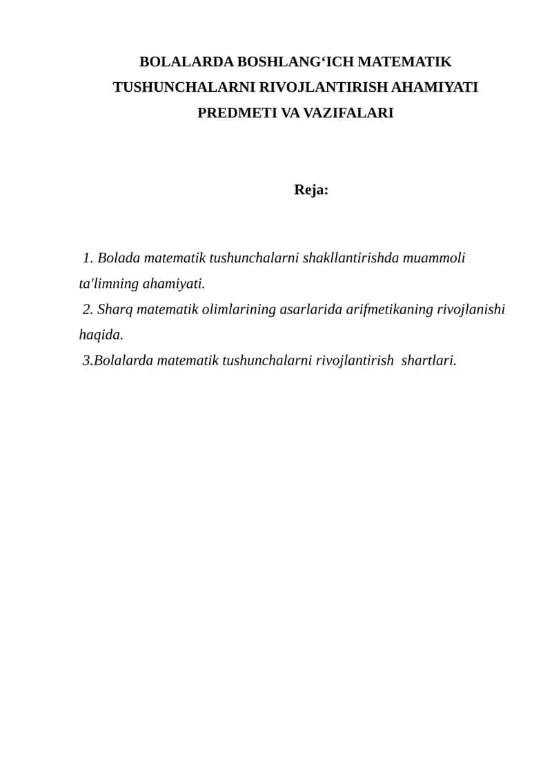 BOLALARDA BOSHLANGʻICH MATEMATIK TUSHUNCHALARNI RIVOJLANTIRISH AHAMIYATI PREDMETI VA VAZIFALARI 1