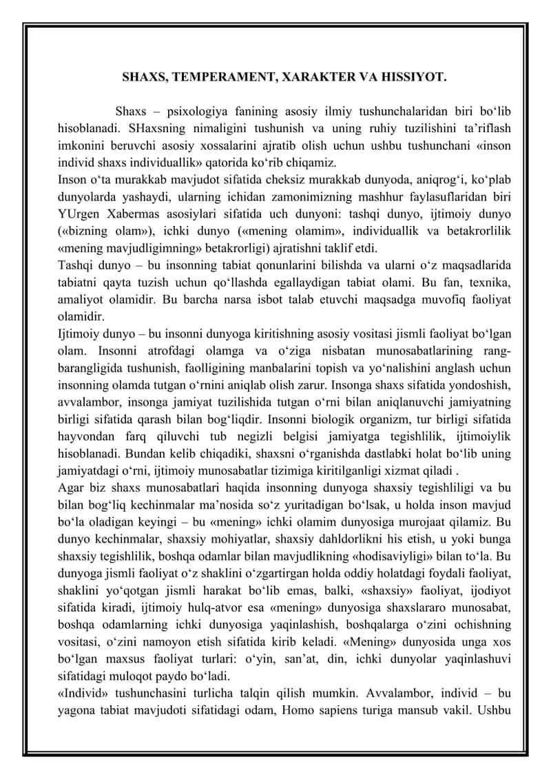 SHAXS, TEMPERAMENT, XARAKTER VA HISSIYOT 1