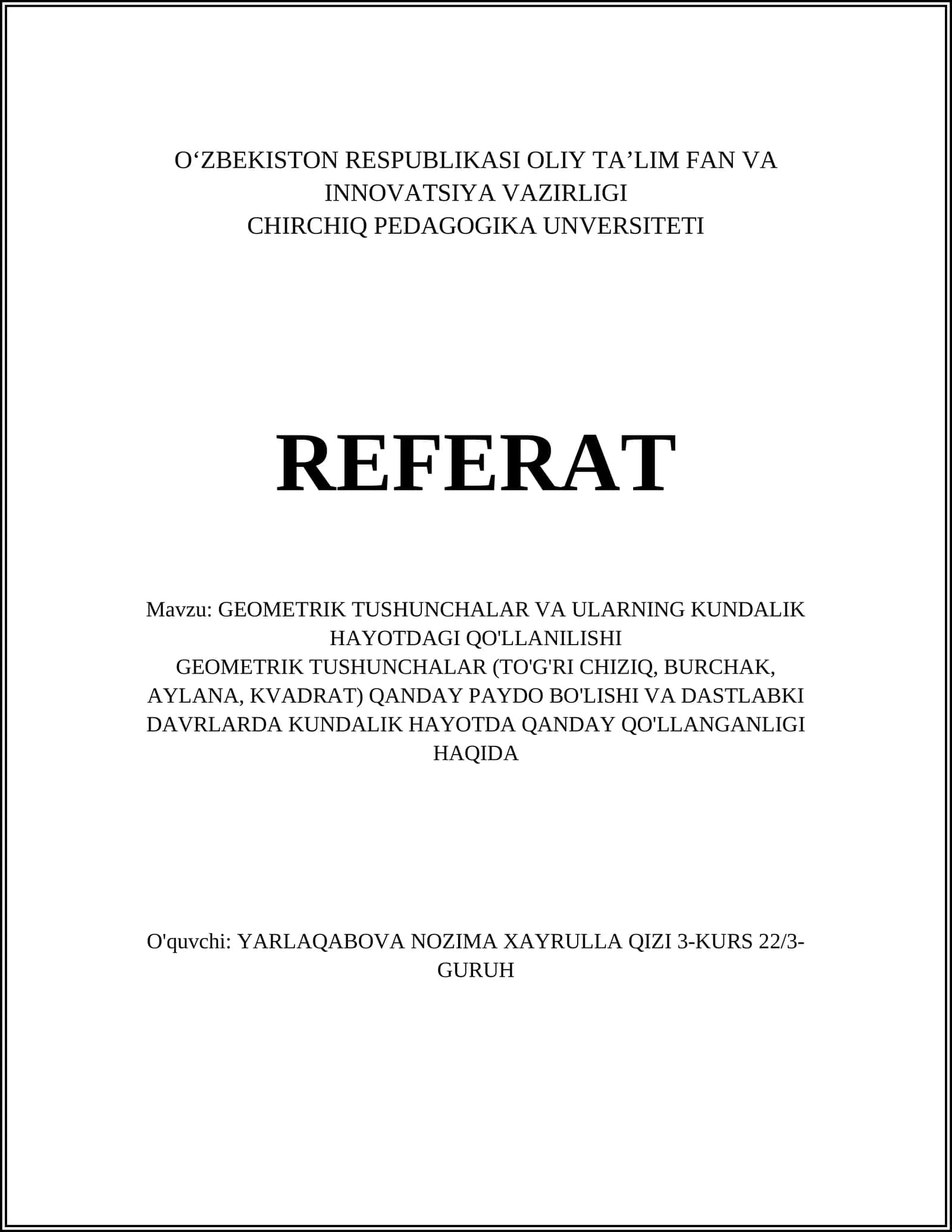 GEOMETRIK TUSHUNCHALAR VA ULARNING KUNDALIK HAYOTDAGI QO'LLANILISHI 1