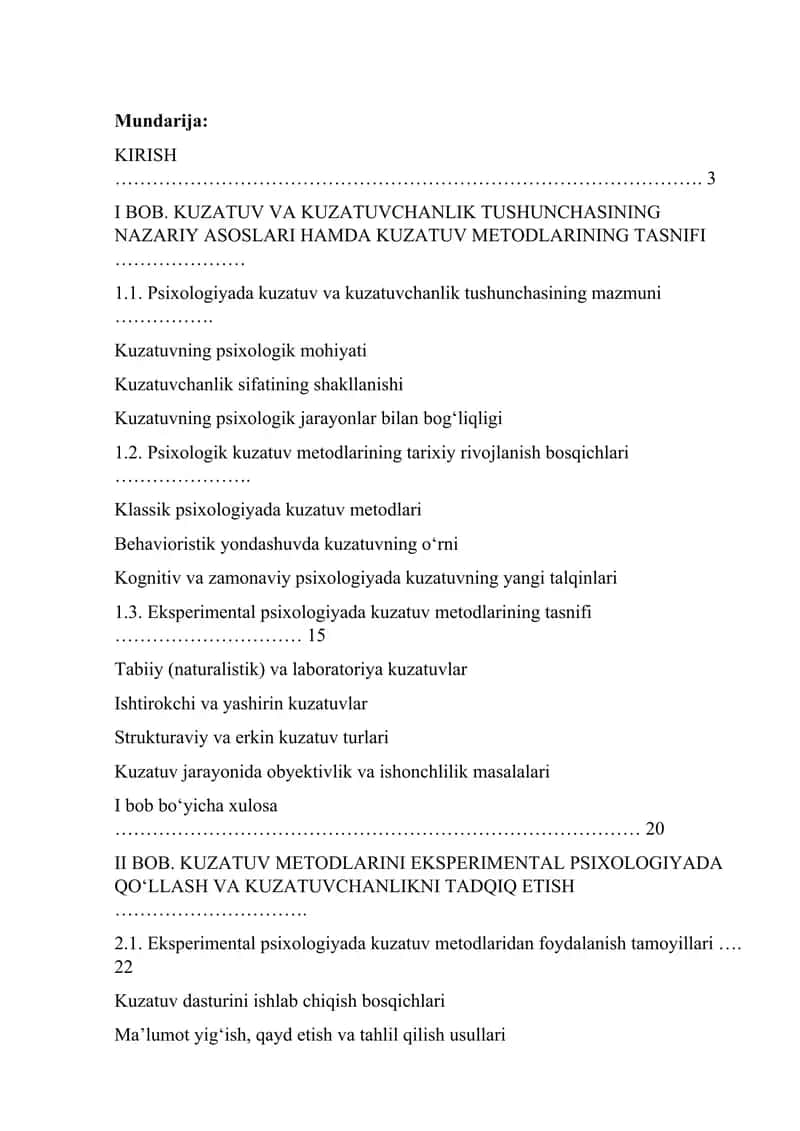 Psixologiyada Kuzatuv va Kuzatuvchanlik Tushunchasi mavzusida kurs ishi 1