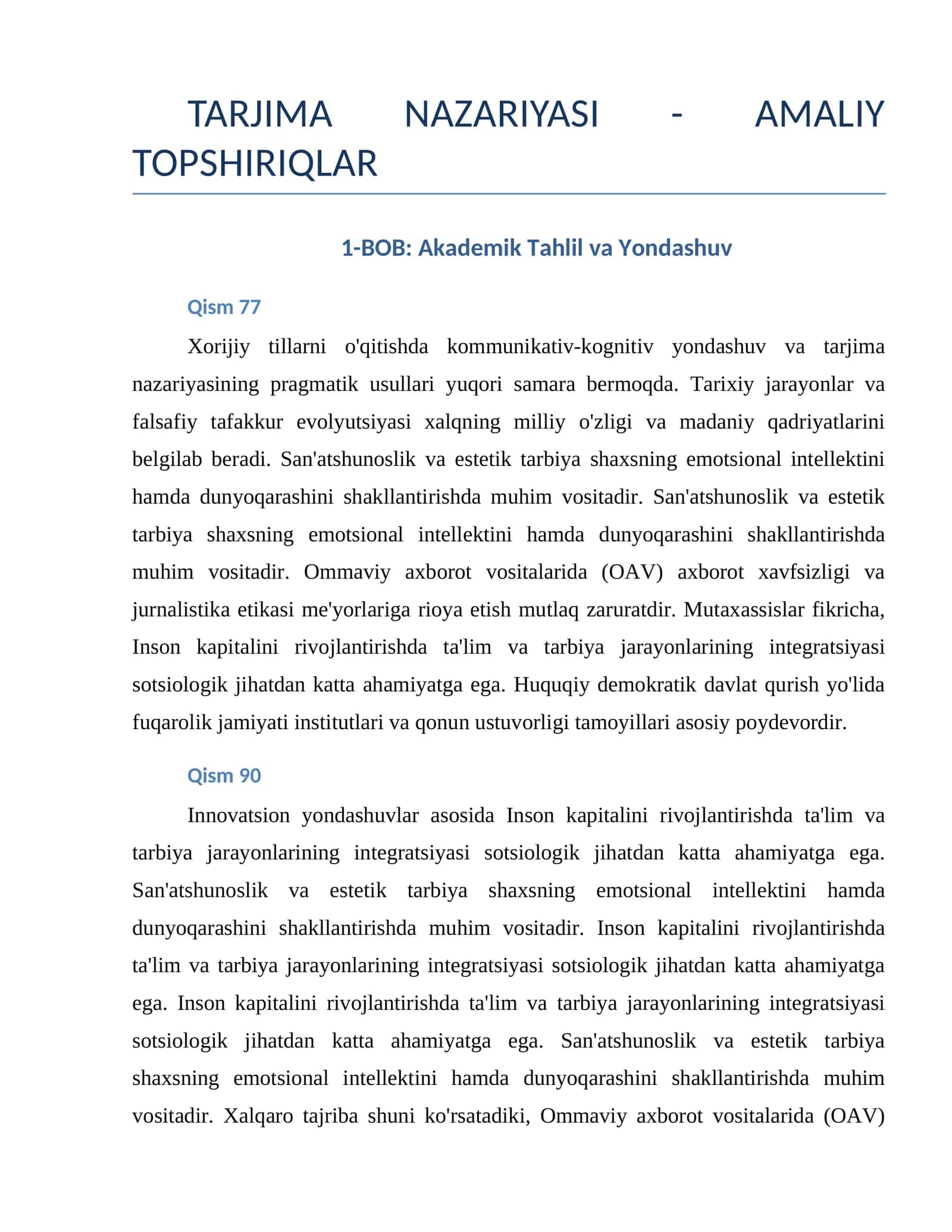 TARJIMA NAZARIYASI - AMALIY TOPSHIRIQLAR 1