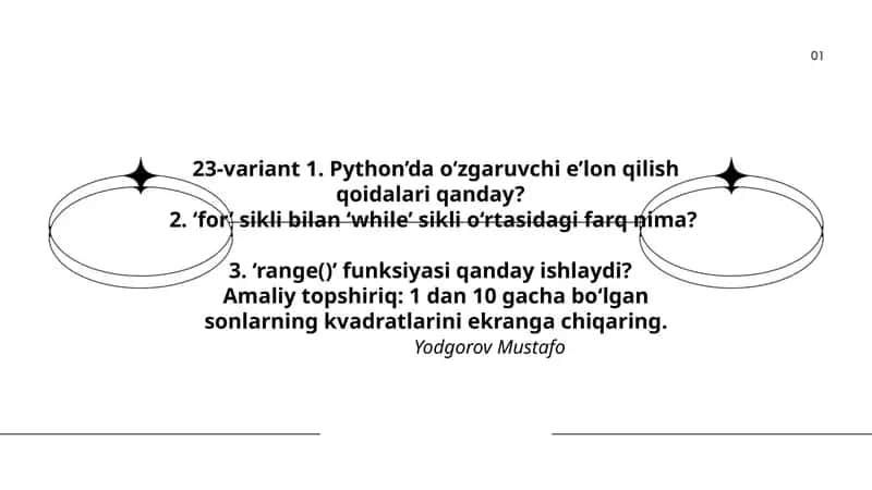 Python dasturlash tilida o‘zgaruvchi e’lon qilish, sikllar va funksiyalar 1