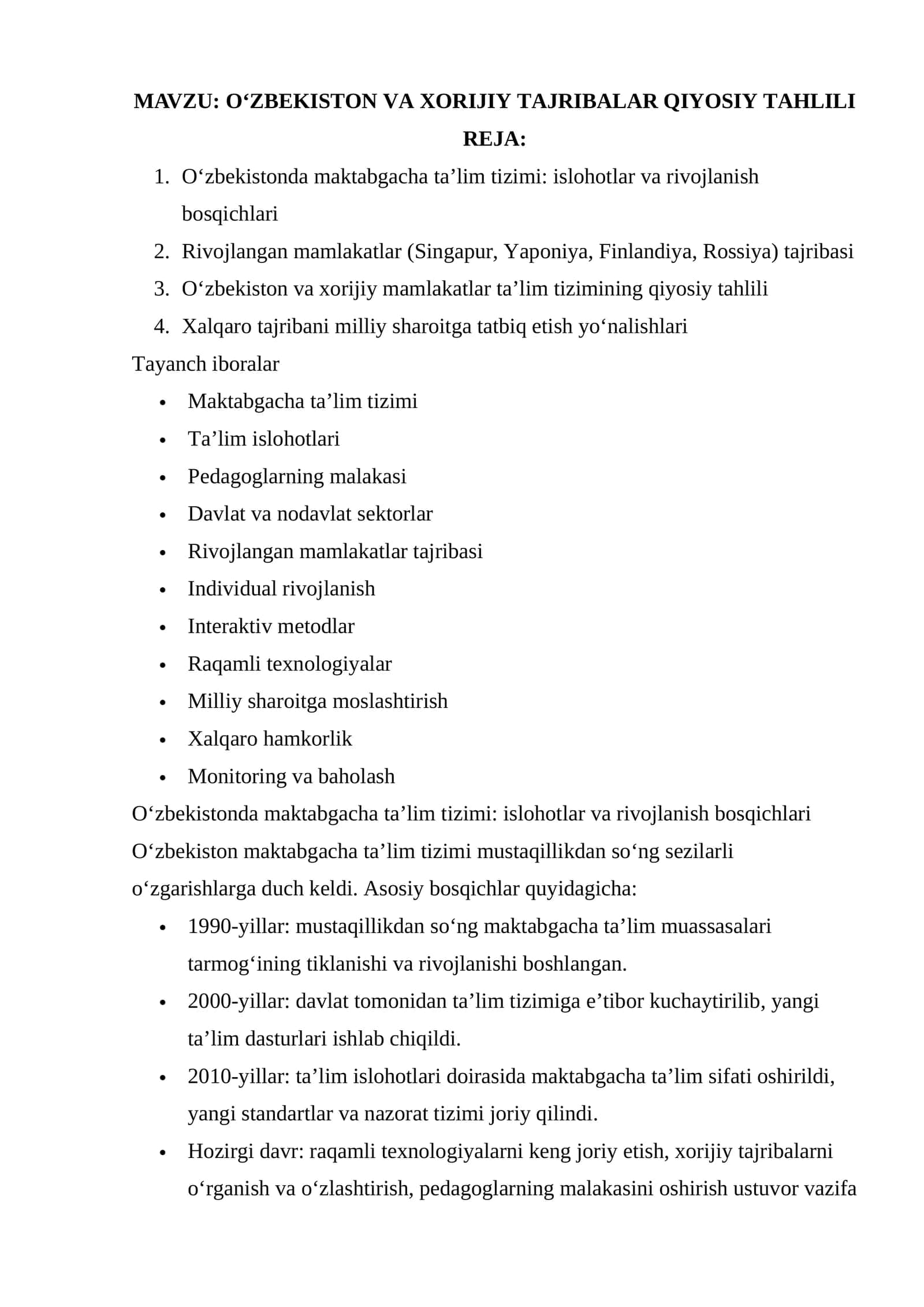 O‘ZBEKISTON VA XORIJIY TAJRIBALAR QIYOSIY TAHLILI 1