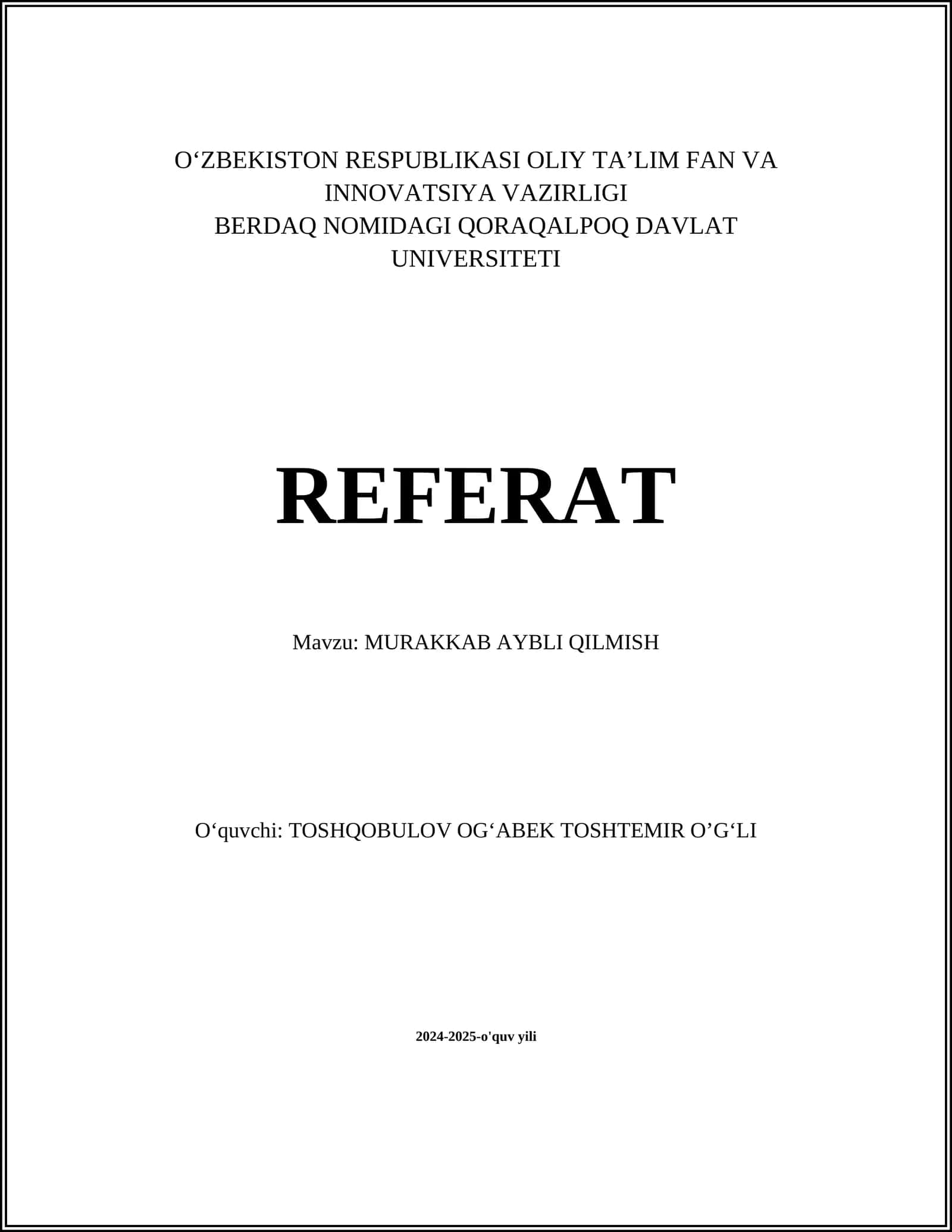 MURAKKAB AYBLI QILMISH 1