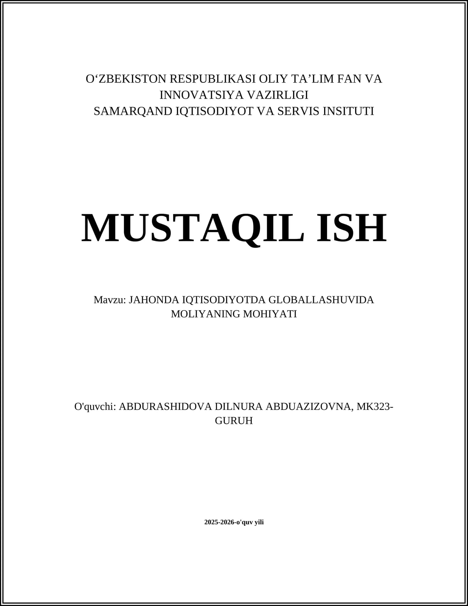 JAHONDA IQTISODIYOTDA GLOBALLASHUVIDA MOLIYANING MOHIYATI 1