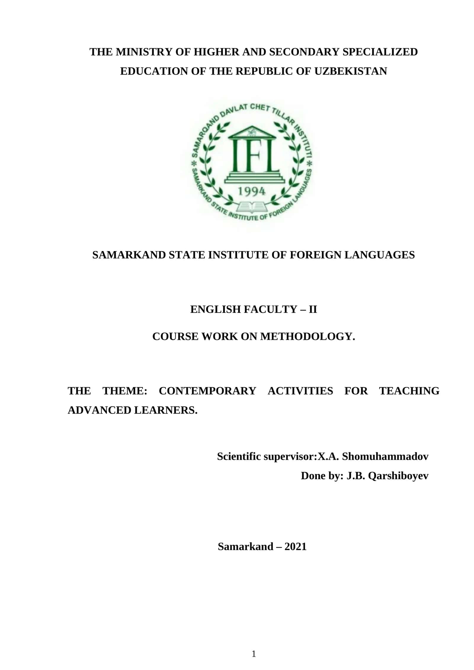 CONTEMPORARY ACTIVITIES FOR TEACHING ADVANCED LEARNERS 1