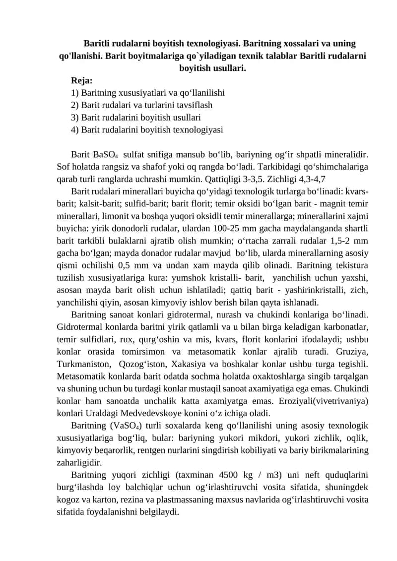 Baritli rudalarni boyitish texnologiyasi 1