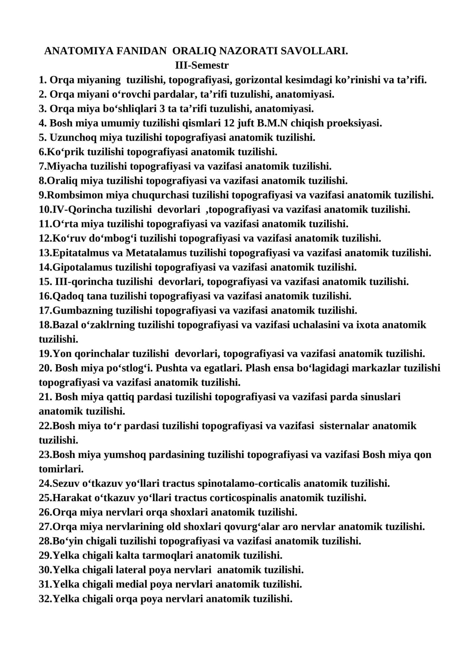 ANATOMIYA FANIDAN ORALIQ NAZORATI SAVOLLARI 1