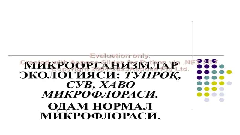 МИКРООРГАНИЗМЛАР  ЭКОЛОГИЯСИ: ТУПРОҚ, СУВ, ХАВО МИКРОФЛОРАСИ.ОДАМ НОРМАЛ МИКРОФЛОРАСИ. 1