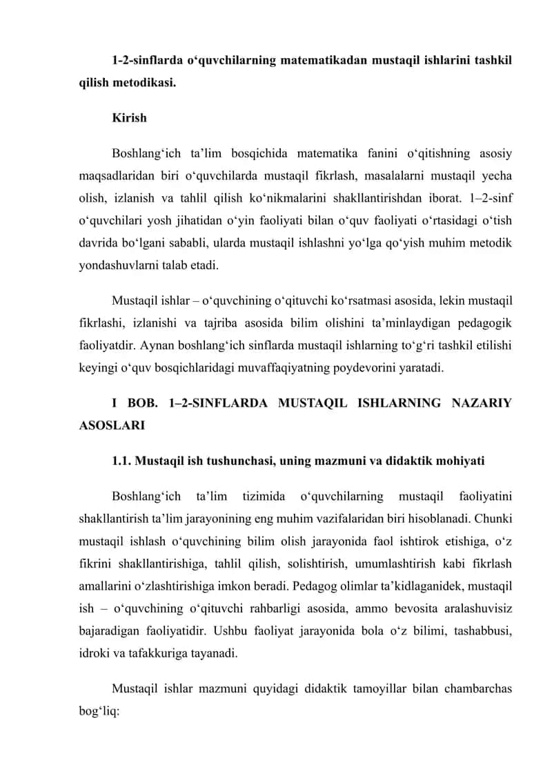 1-2-sinf oʻquvchilarining matematikadaj mustaqil ishlarini tashkil qilish metodikasi 1
