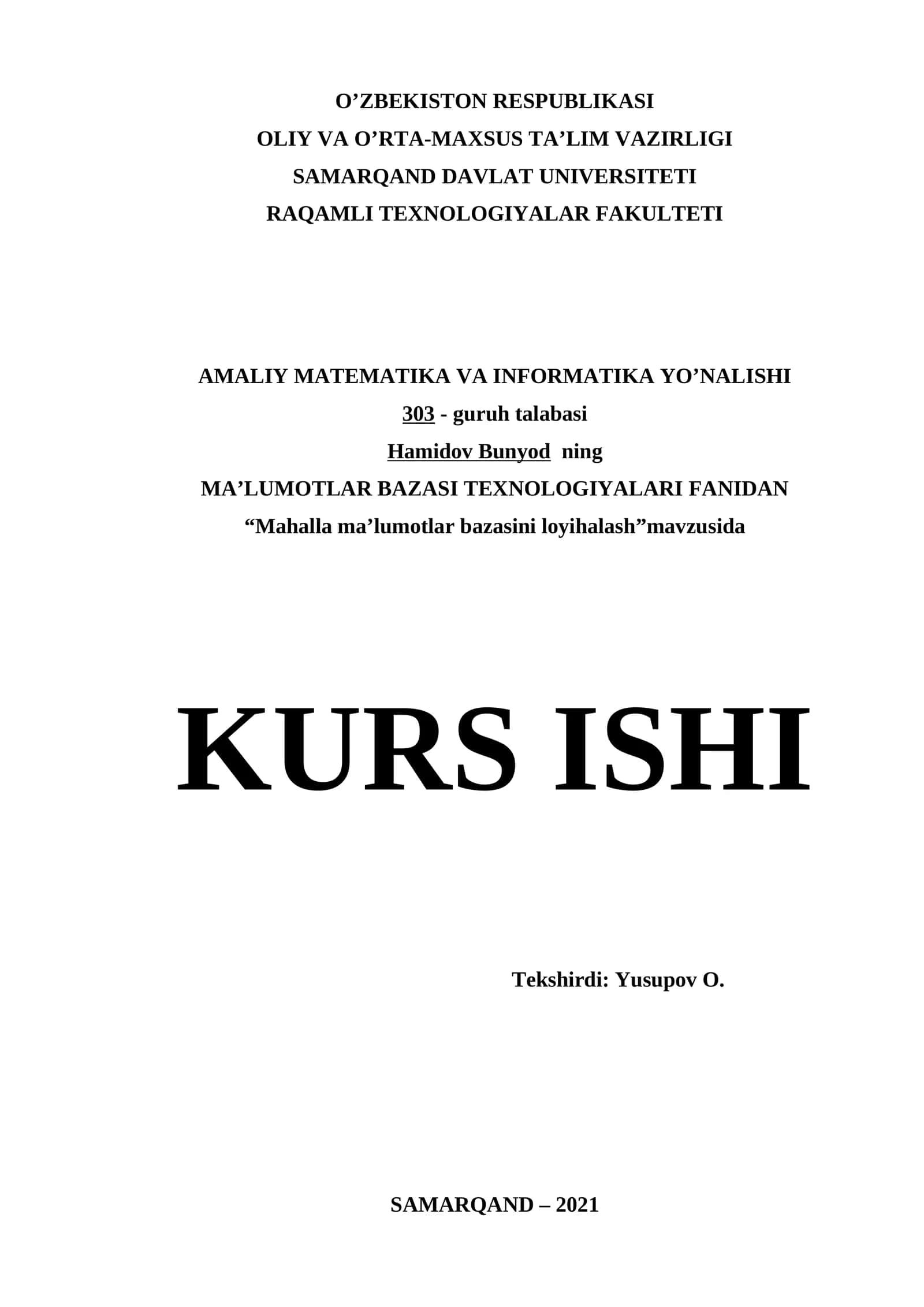 “Mahalla ma’lumotlar bazasini loyihalash” mavzusida KURS ISHI 1