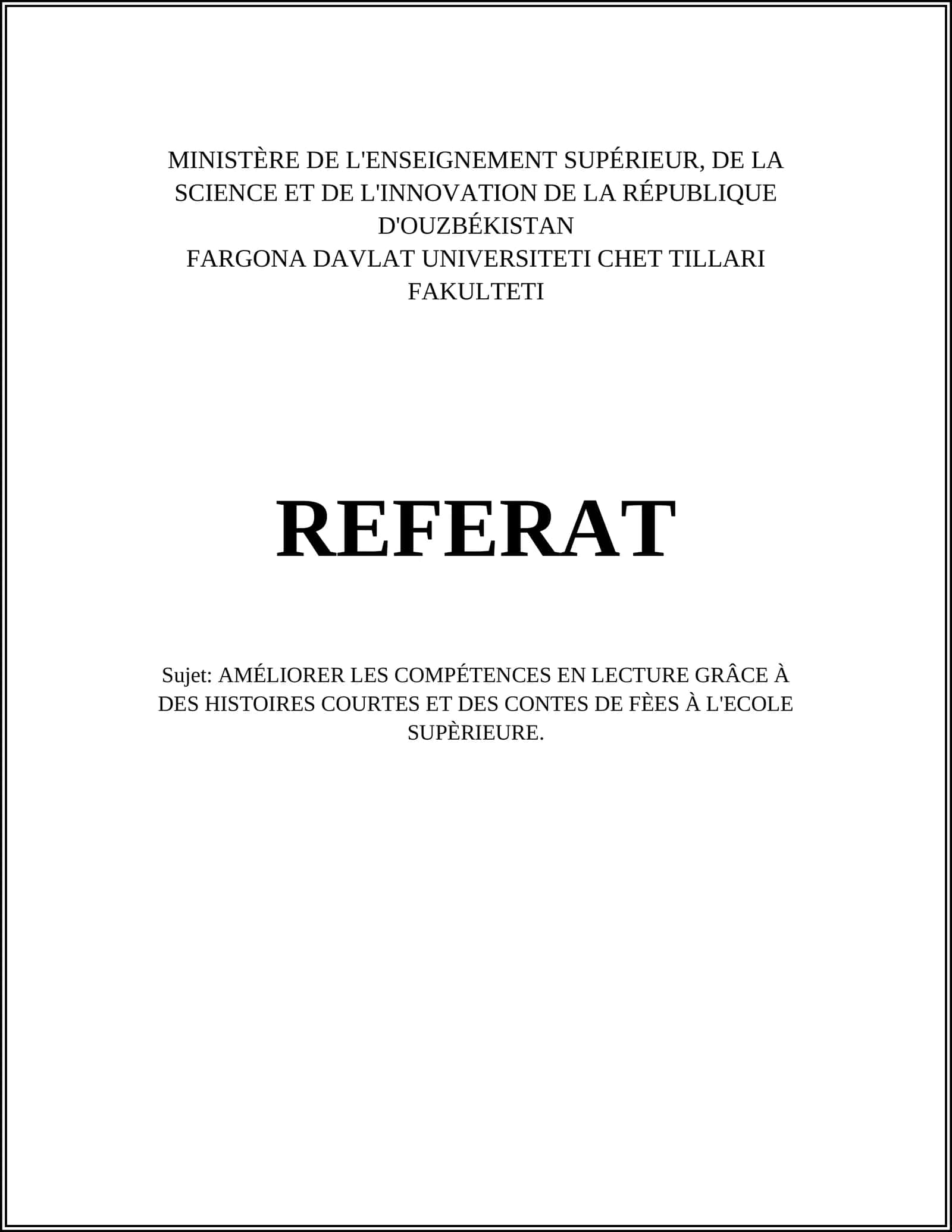 AMÉLIORER LES COMPÉTENCES EN LECTURE GRÂCE À DES HISTOIRES COURTES ET DES CONTES DE FÈES À L'ECOLE SUPÈRIEURE 1