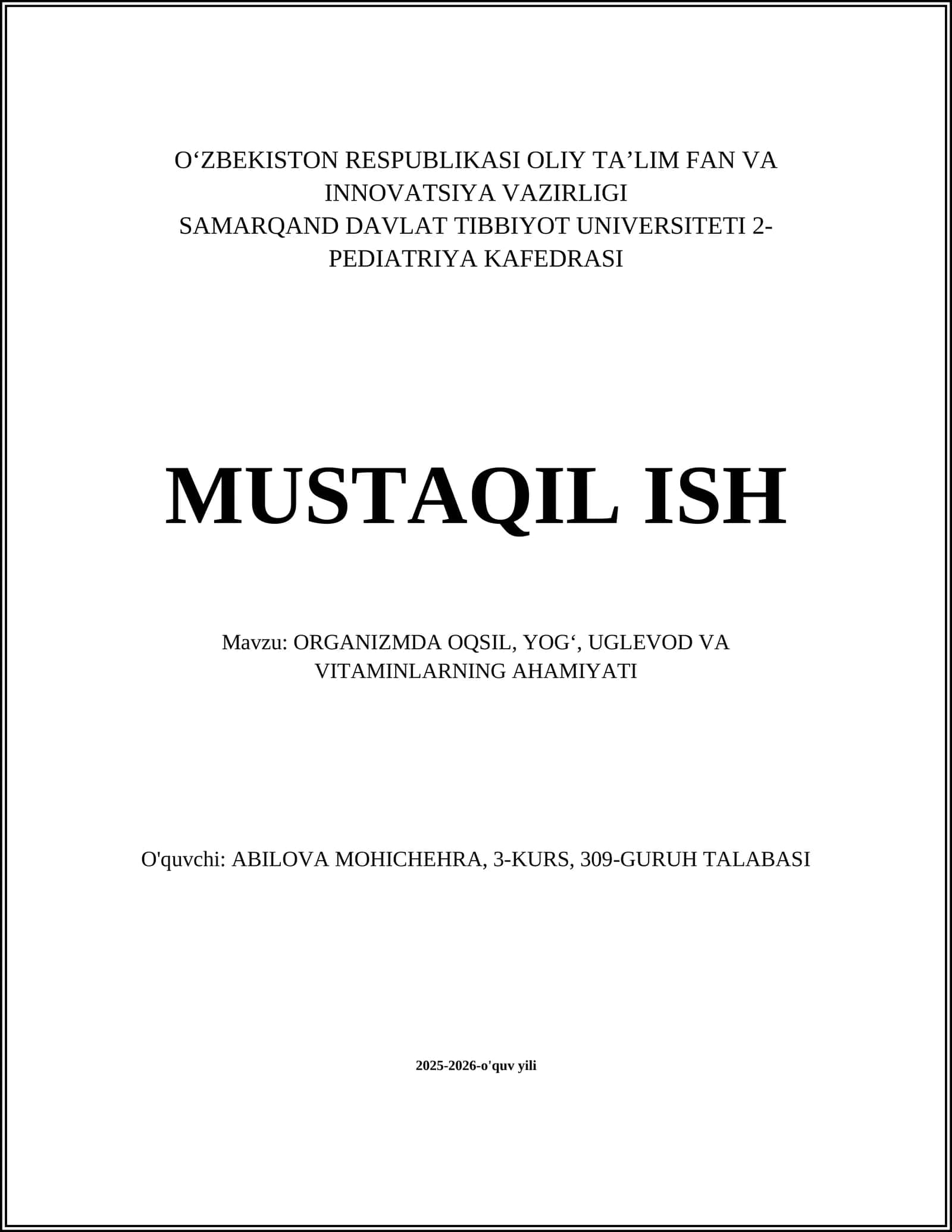ORGANIZMDA OQSIL, YOG‘, UGLEVOD VA VITAMINLARNING AHAMIYATI 1