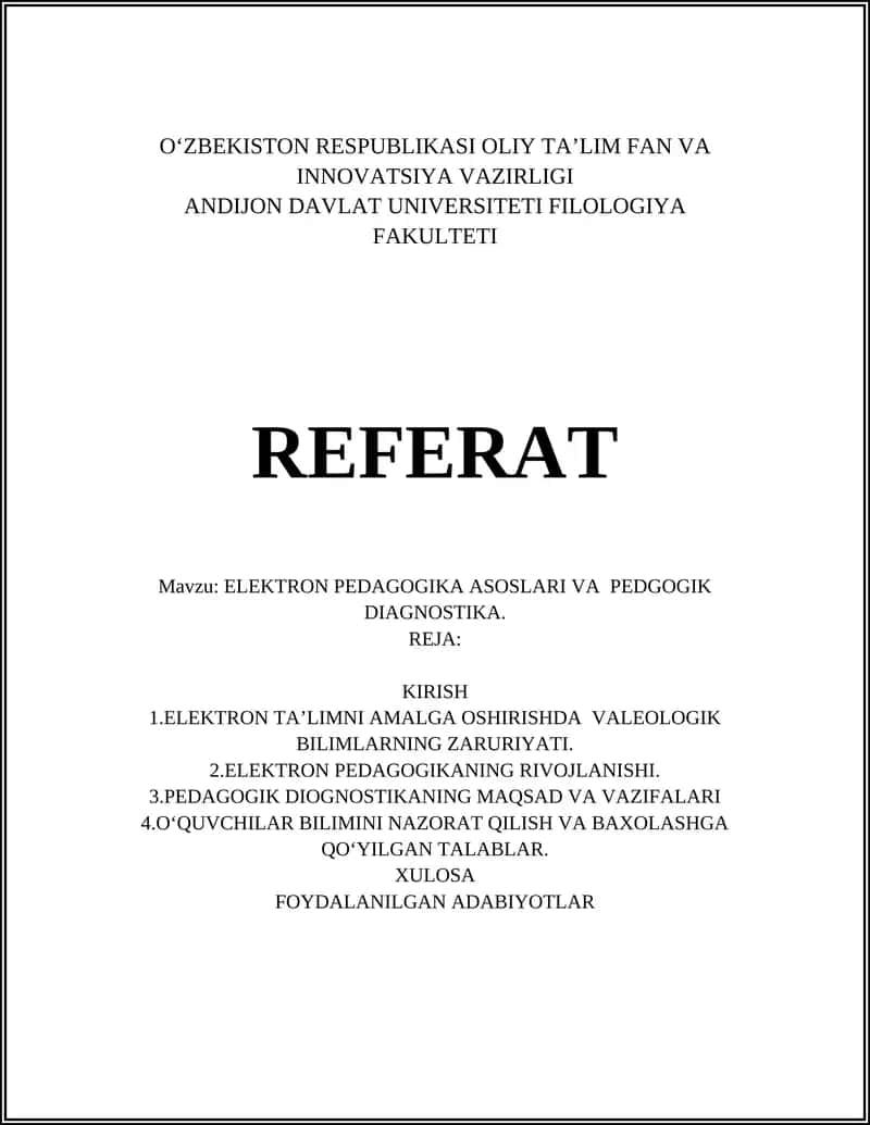 ELEKTRON PEDAGOGIKA ASOSLARI VA PEDGOGIK DIAGNOSTIKA REFERAT 1