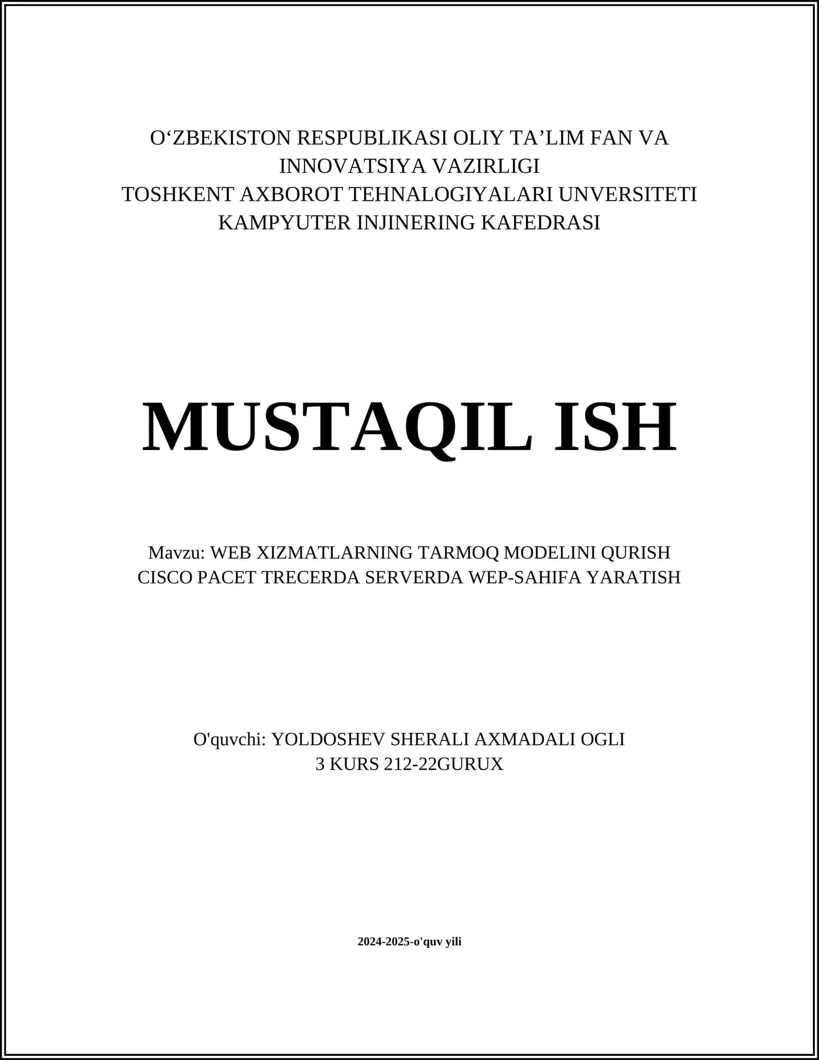 WEB XIZMATLARNING TARMOQ MODELINI QURISH CISCO PACET TRECERDA SERVERDA WEP-SAHIFA YARATISH 1