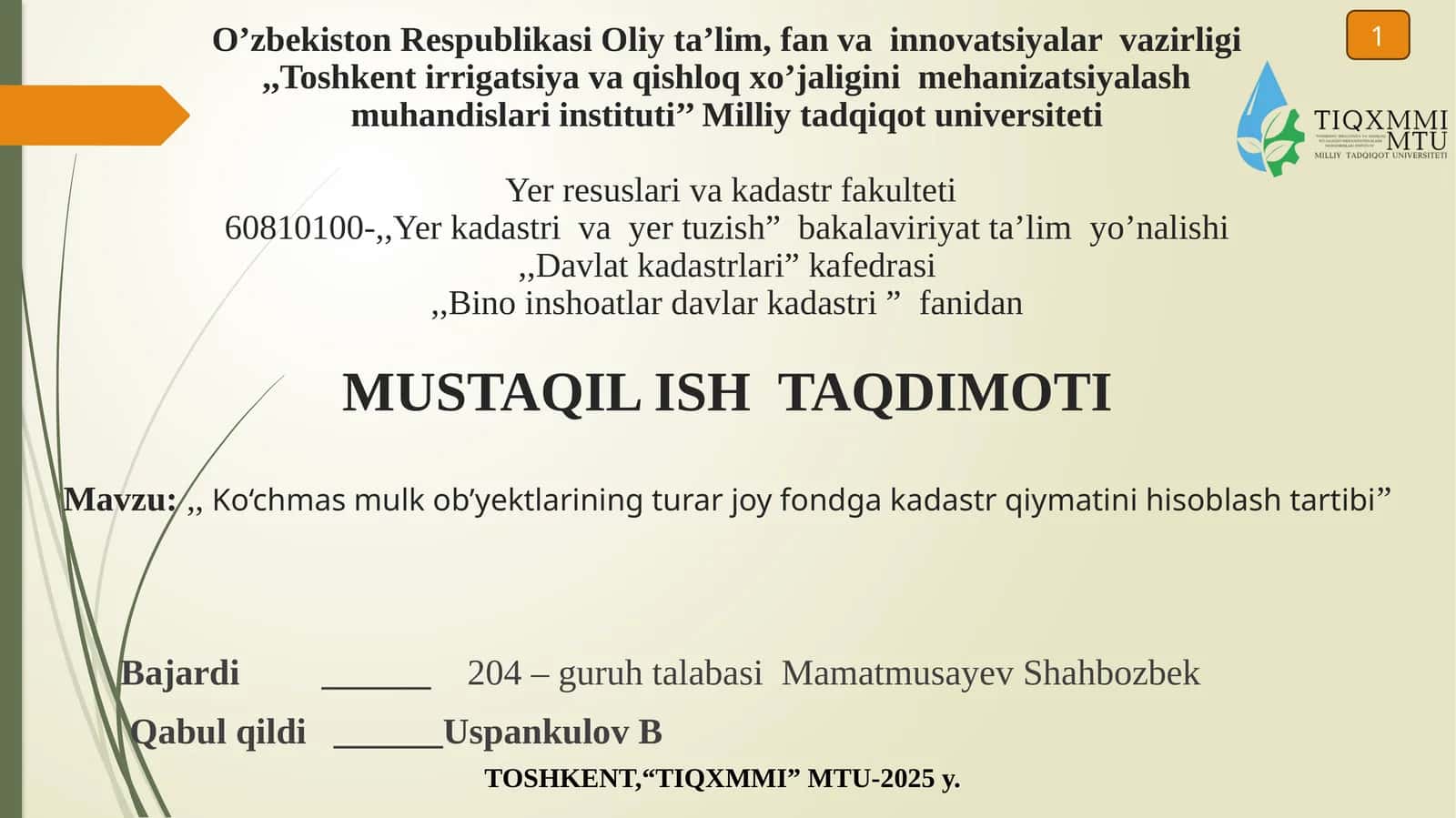Ko‘chmas mullkob’yektlarining turar joy fondga kadastr qiymatini hisoblash tartibi 1