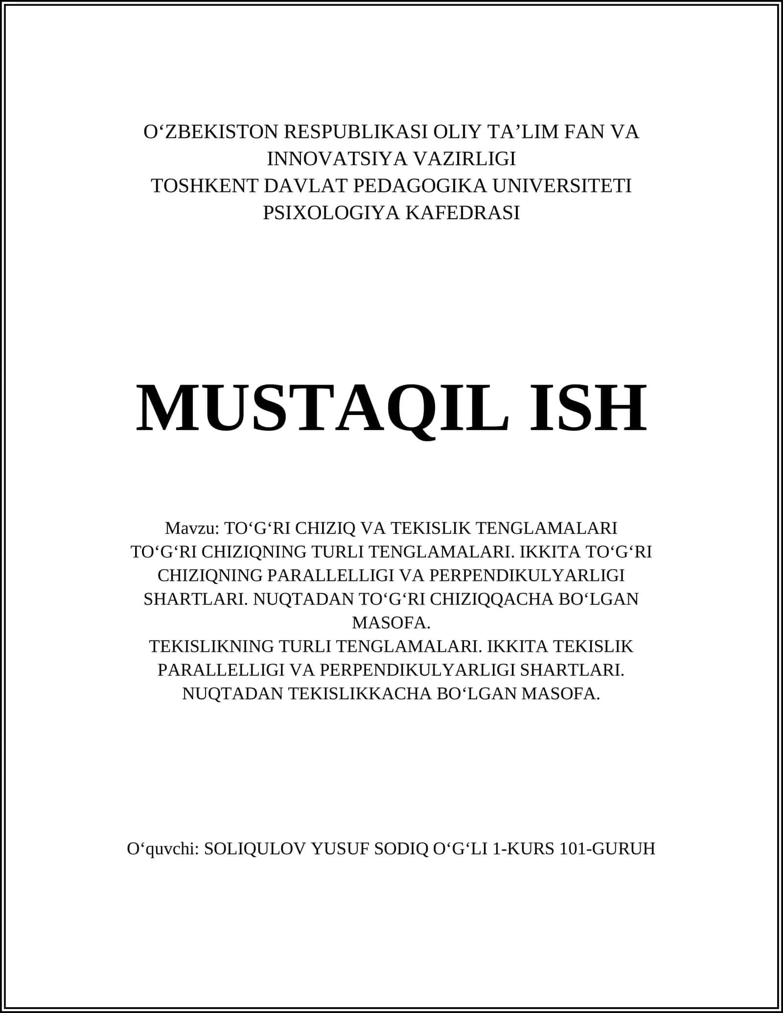 TO‘G‘RI CHIZIQ VA TEKISLIK TENGLAMALARI 1