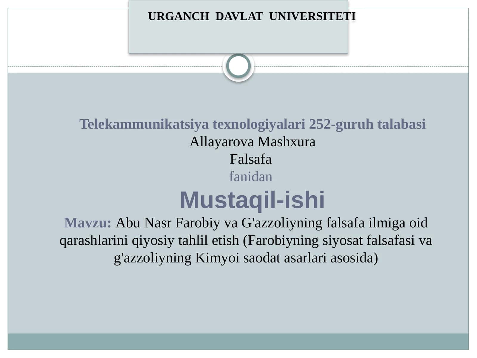Abu Nasr Farobiy va G'azzoliyning falsafa ilmiga oid qarashlarini qiyosiy tahliletish (Farobiyning Siyosat falsafasi va G'azzoliyning Kimyo is'odati asarlarida) 1