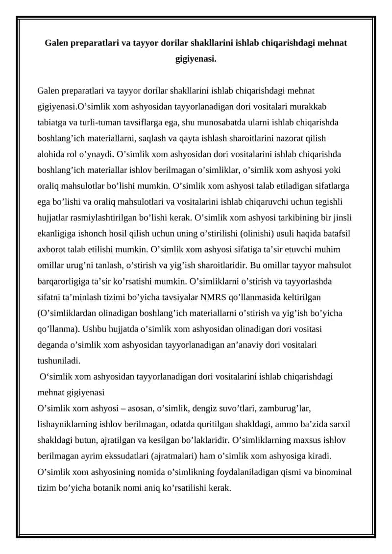 O'simlik xom ashyosidan tayyor dorilar shakllarini ishlab chiqarishdagi mehnat gigiyenasi 1