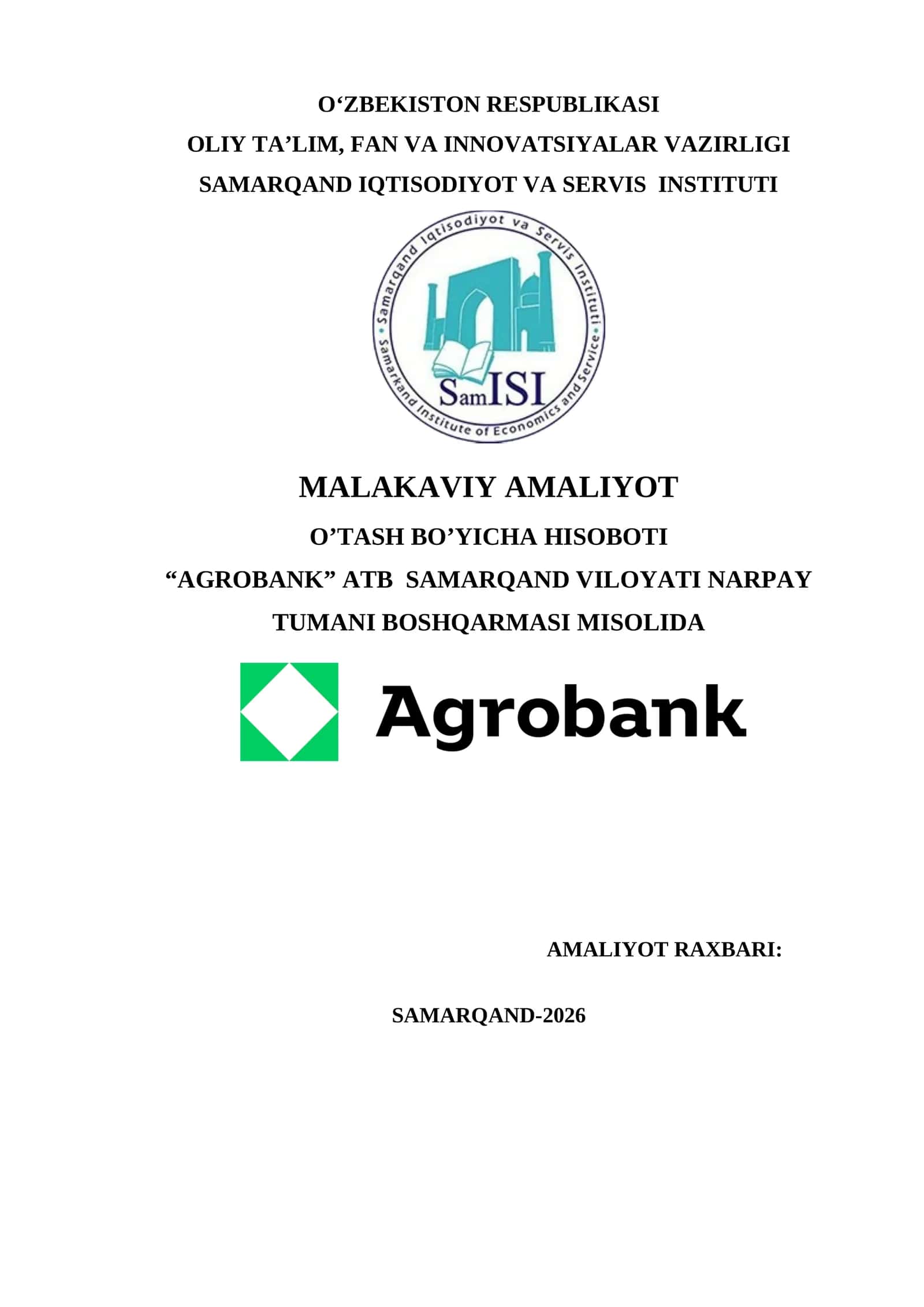 “AGROBANK” ATB  SAMARQAND VILOYATI NARPAY TUMANI BOSHQARMASI MISOLIDA 1