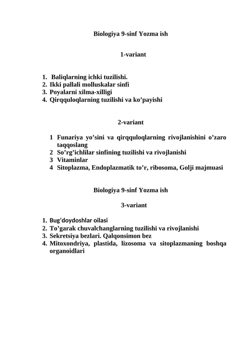 Biologiya 9-sinf Yozma ish 1