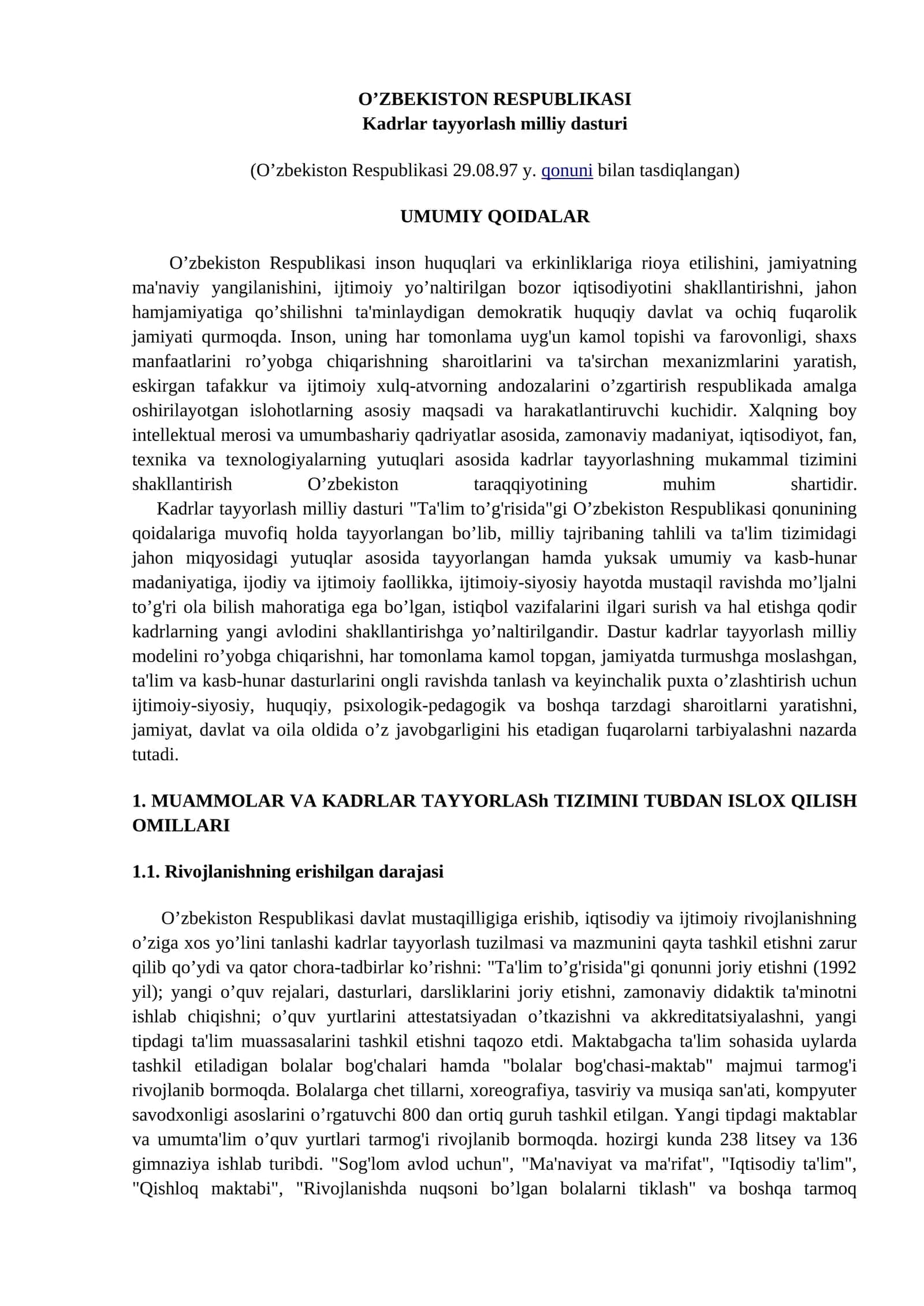 O’ZBEKISTON RESPUBLIKASI Kadrlar tayyorlash milliy dasturi 1