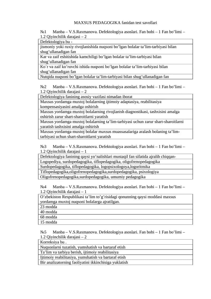 MAXSUS PEDAGOGIKA fanidan test savollari 1