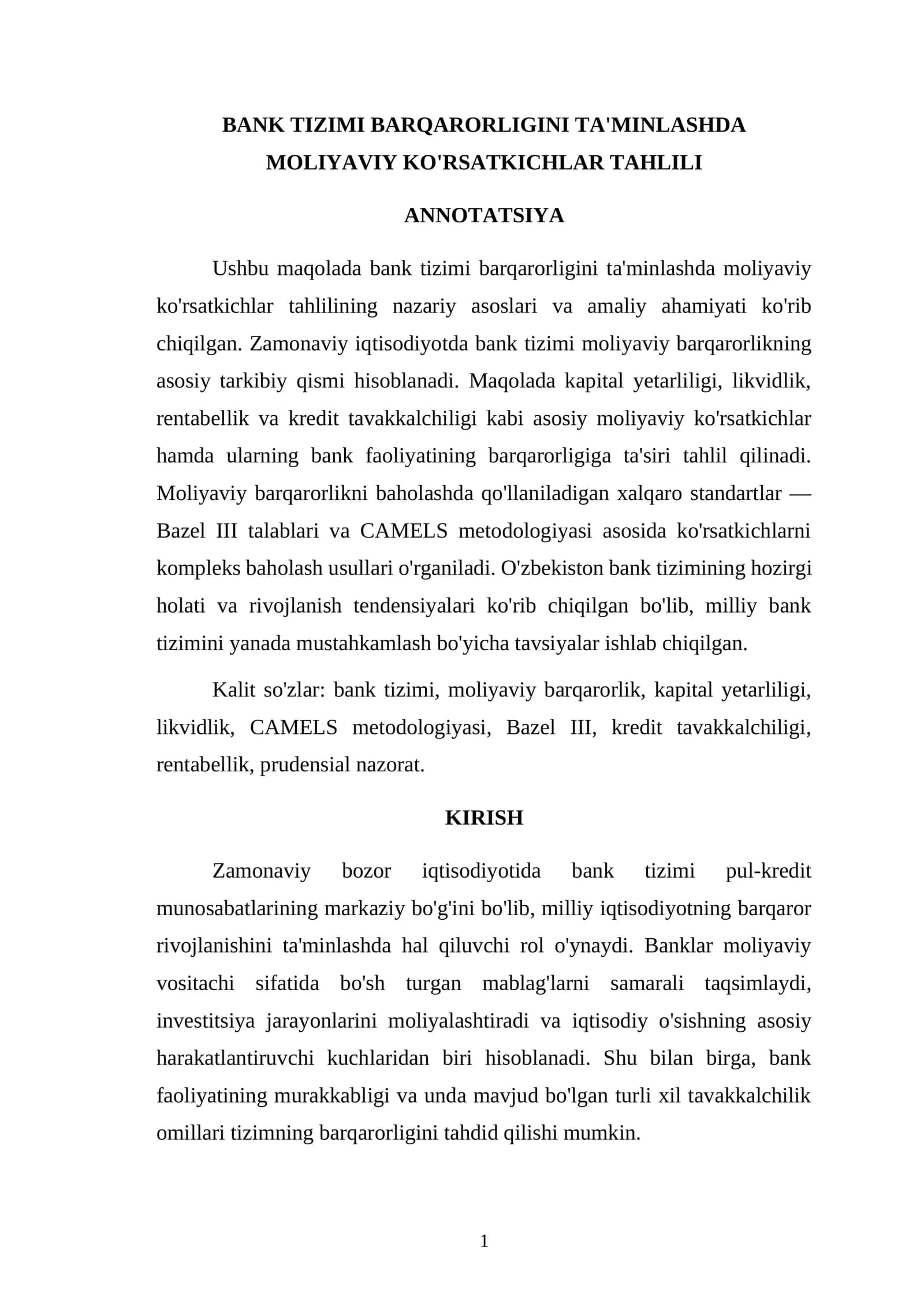 BANK TIZIMI BARQARORLIGINI TA'MINLASHDA MOLIYAVIY KO'RSATKICHLAR TAHLILI 1