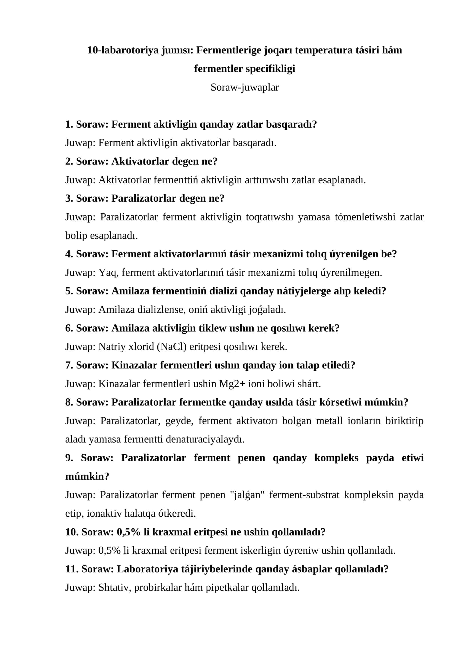 Fermentlerige joqarı temperatura tásiri hám fermentler specifikligi 1