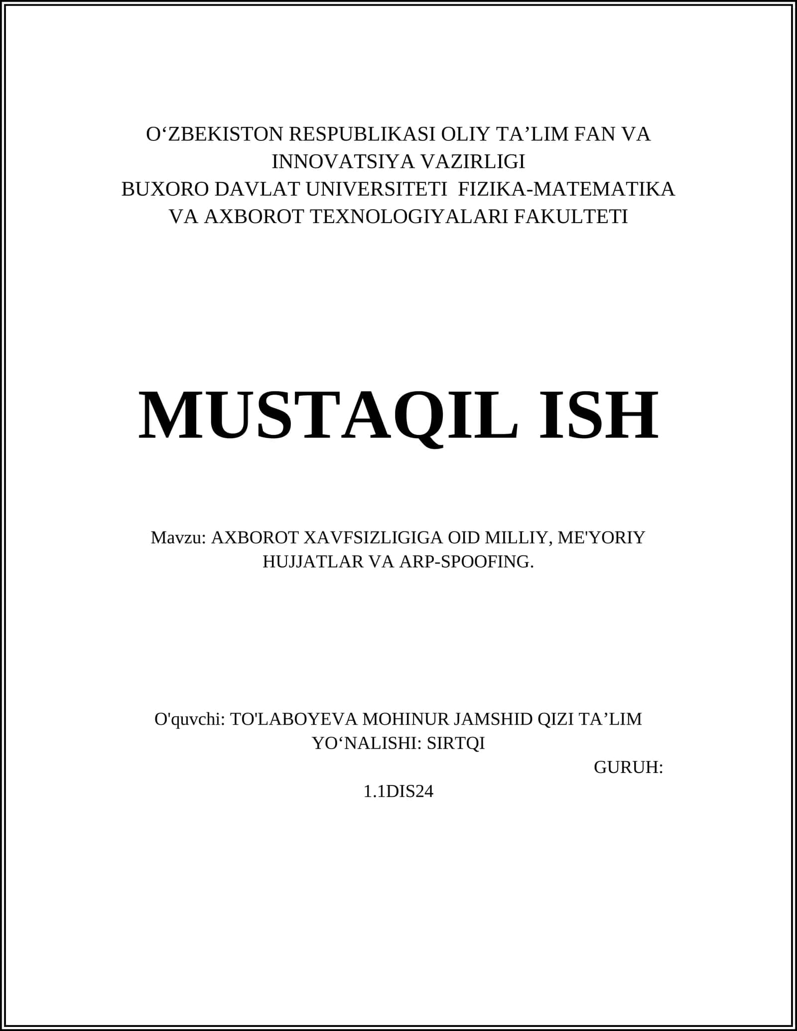 AXBOROT XAVFSIZLIGIGA OID MILLIY, ME'YORIY HUJJATLAR VA ARP-SPOOFING 1