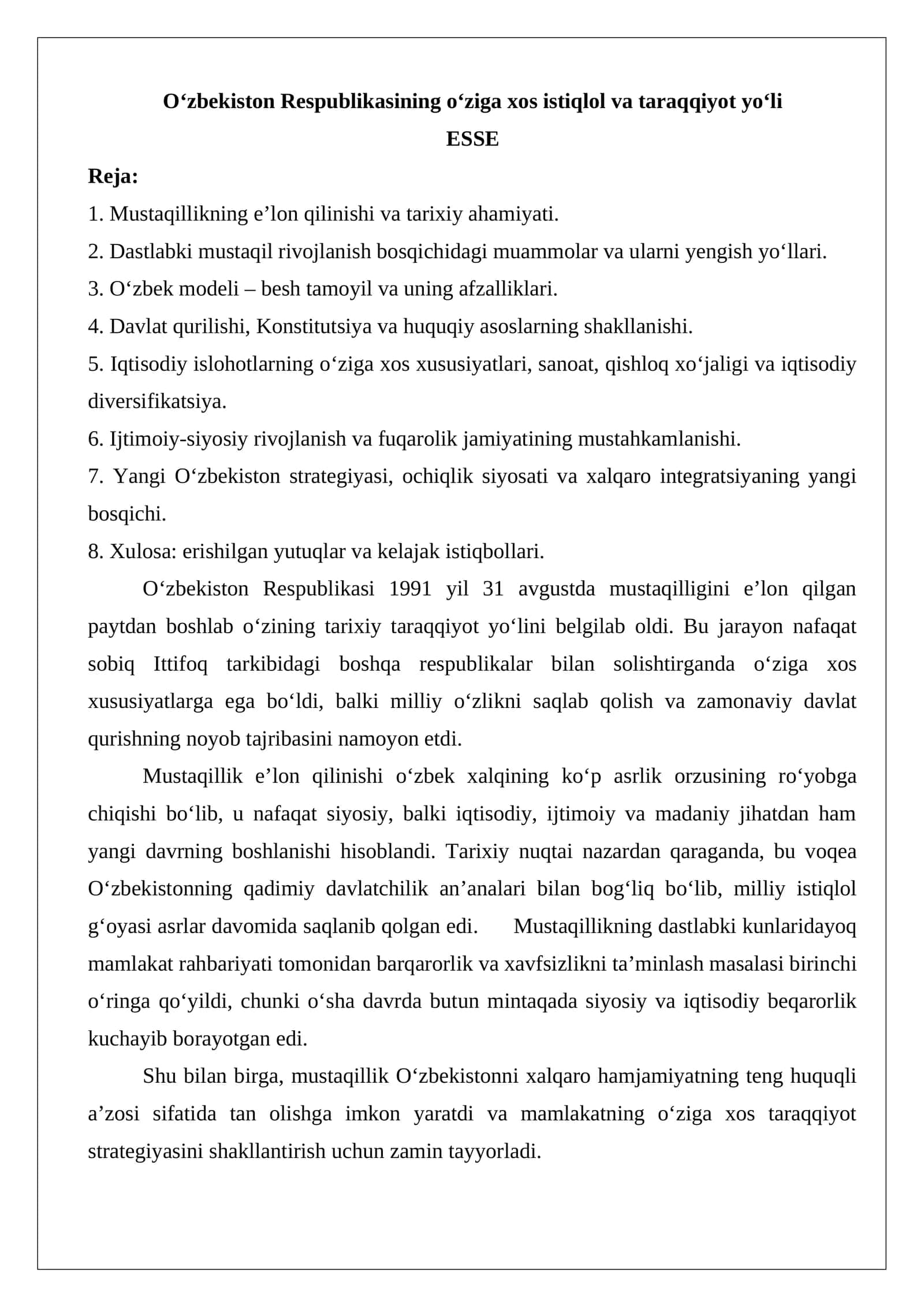 Oʻzbekiston Respublikasining oʻziga xos istiqlol va taraqqiyot yoʻli 1