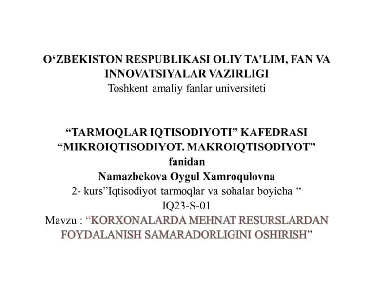 KORXONALARDA MEHNAT RESURSLARDAN FOYDALANISH SAMARADORLIGINI OSHIRISH 1
