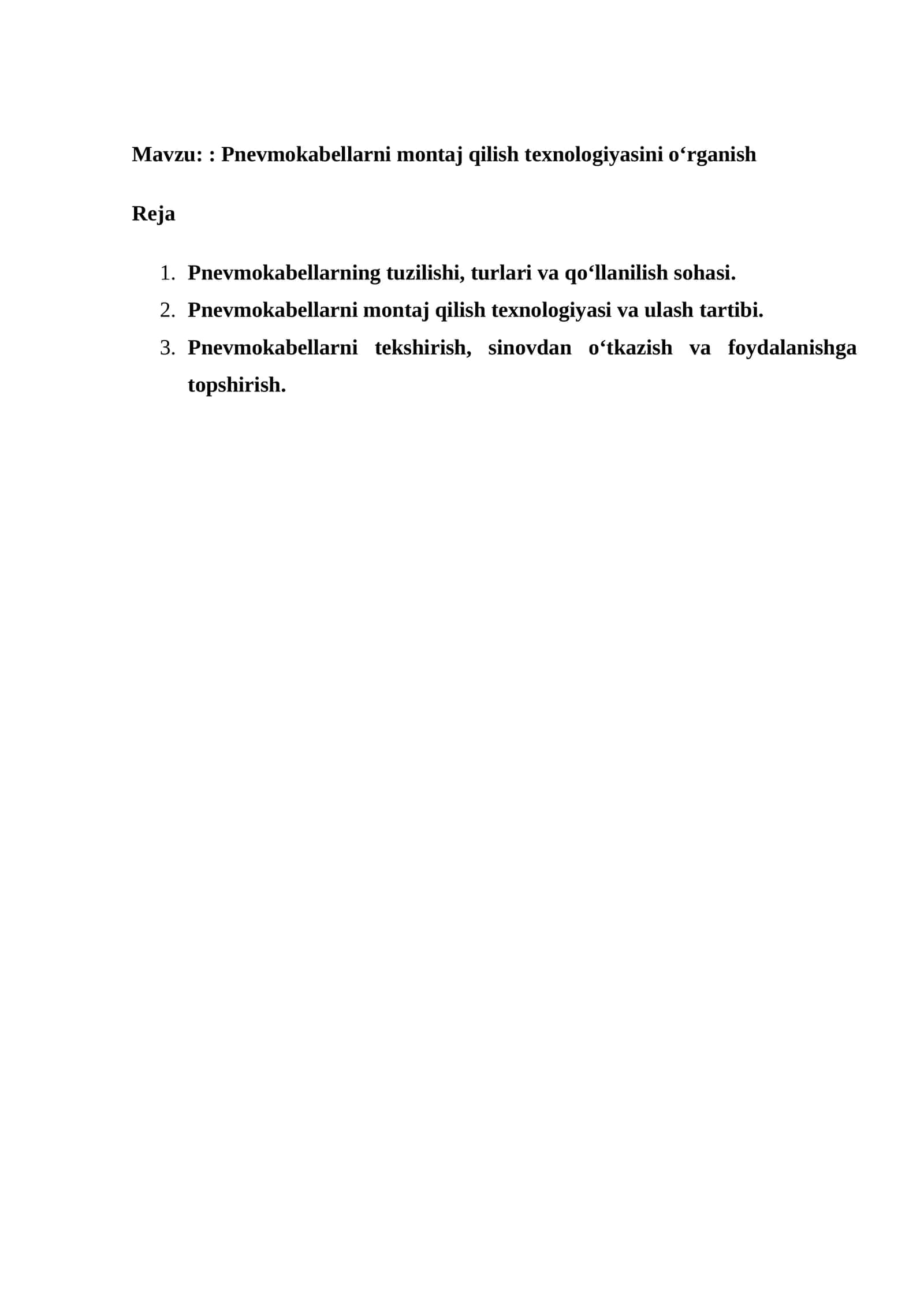 mustaqil ish Pnevmokabellarni montaj qilish texnologiyasini o‘rganish 1