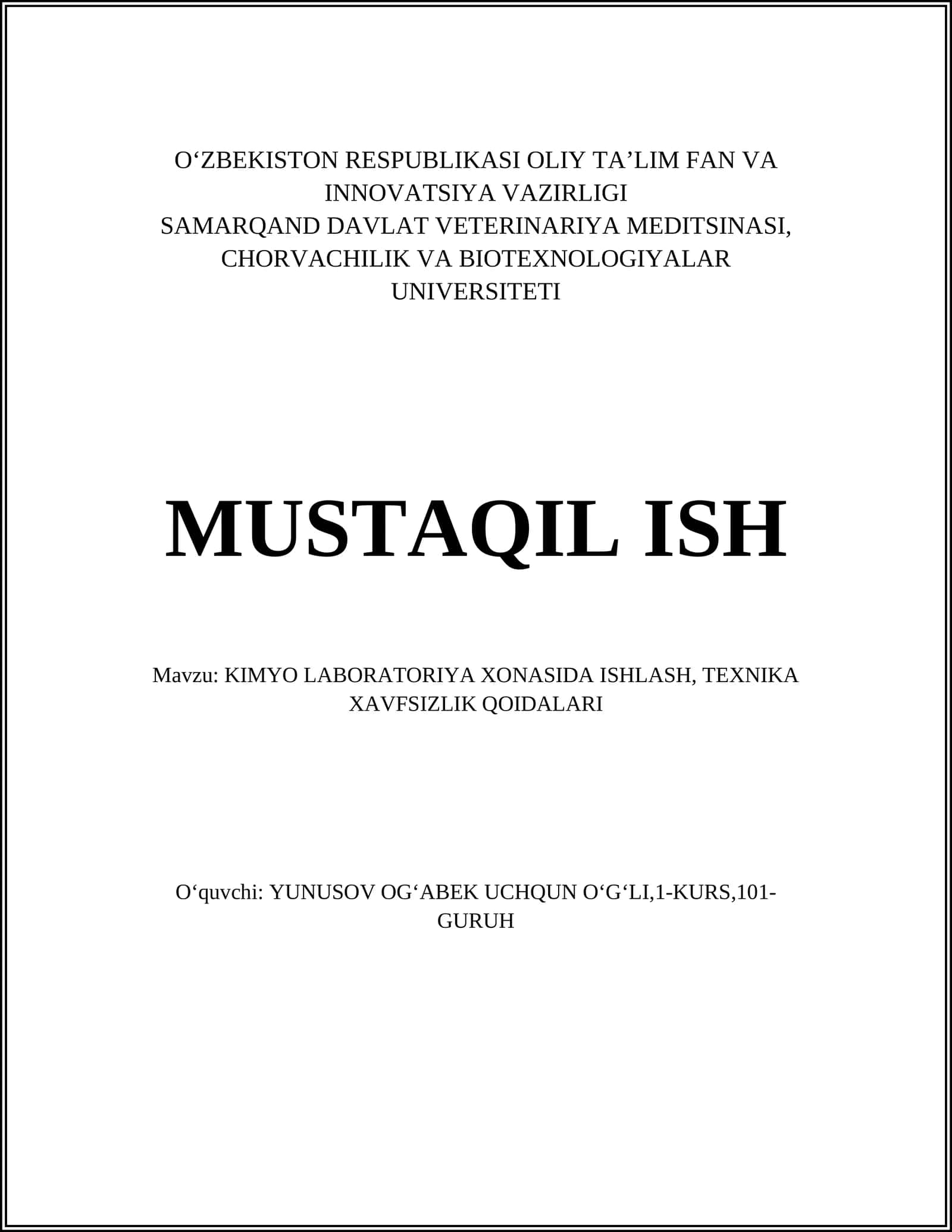 KIMYO LABORATORIYA XONASIDA ISHLASH, TEXNIKA XAVFSIZLIK QOIDALARI 1