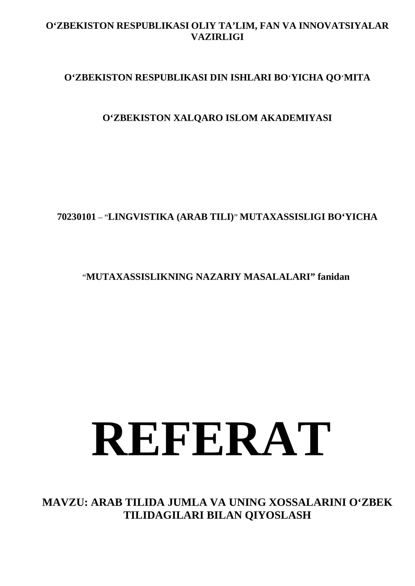 REFERAT Arab tilida jumla va uning xossalarini o'zbek tilidagilari bilan qiyoslash 1