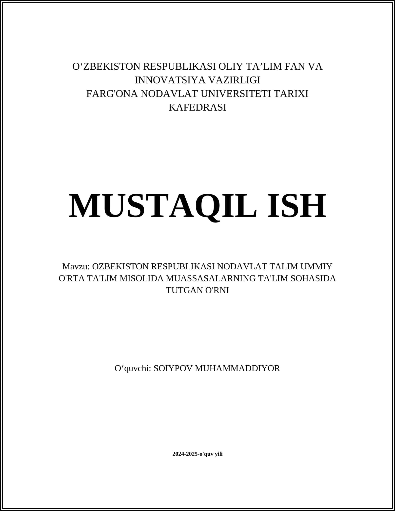 O‘ZBEKISTON RESPUBLIKASI NODAVLAT TALIM UMMIY O'RTA TA'LIM MISOLIDA MUASSASALARNING TA'LIM SOHASIDA TUTGAN O'RNI 1